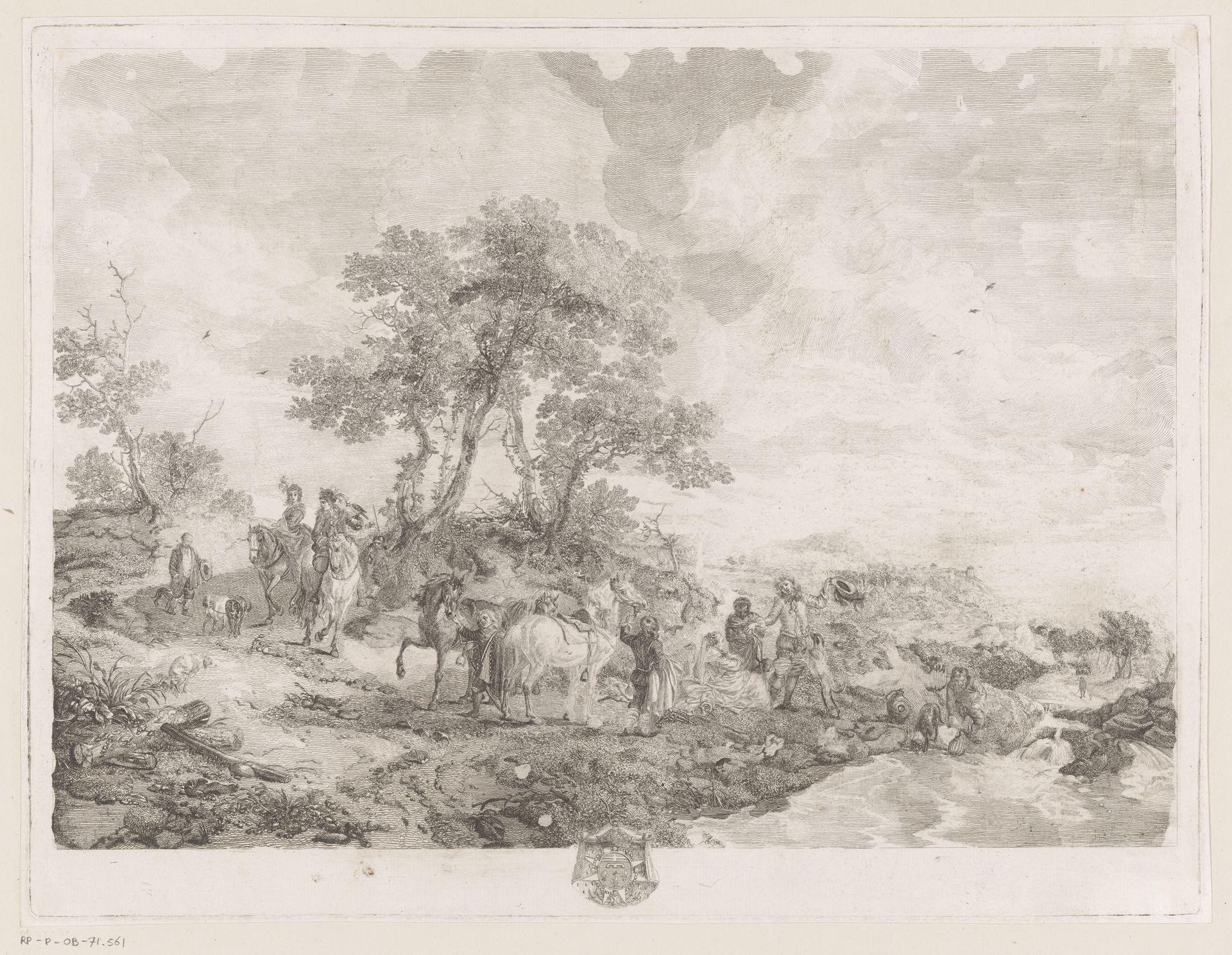 Rustend jachtgezelschap bij een beek by Jean Moyreau