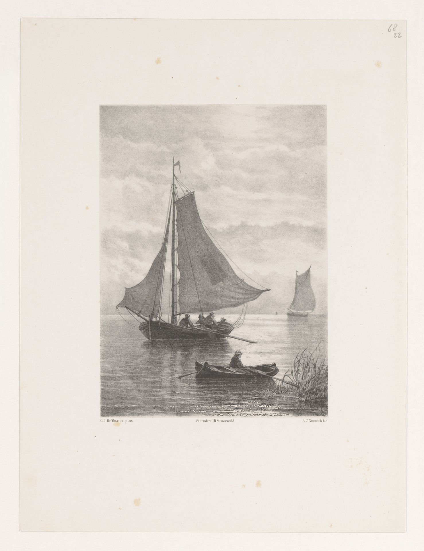 Zeilschepen en roeiboot by Adolf Carel Nunnink