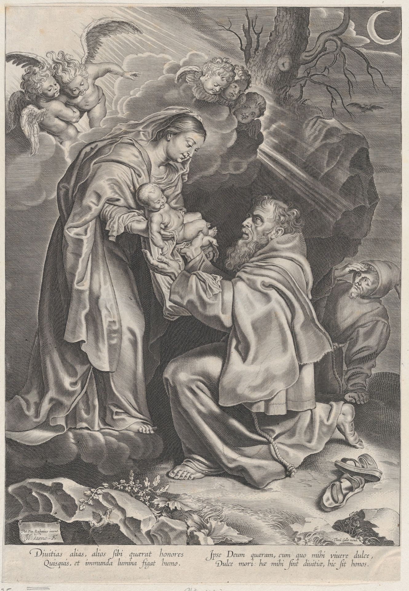 The Vision of Saint Francis, kneeling at right, receiving the Christ child from the Virgin Mary by Michel Lasne