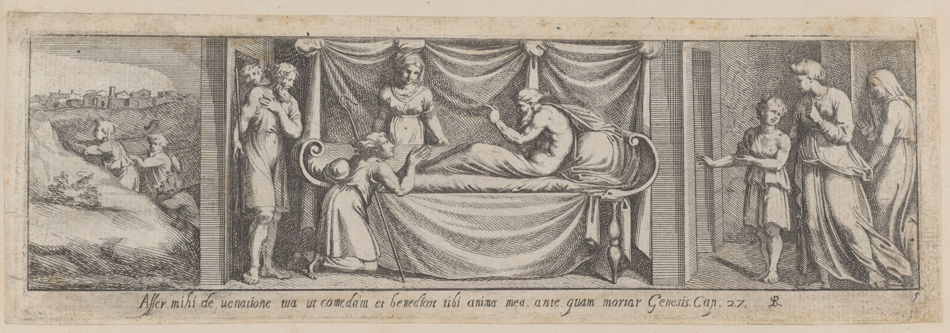 Plate 5: Isaac telling Esau to hunt for meat at left and Jacob and Rebekah at right, from Genesis 27, after a lost fresco in the basamento of Bay 5 of the Vatican Loggia by Pietro Santi Bartoli