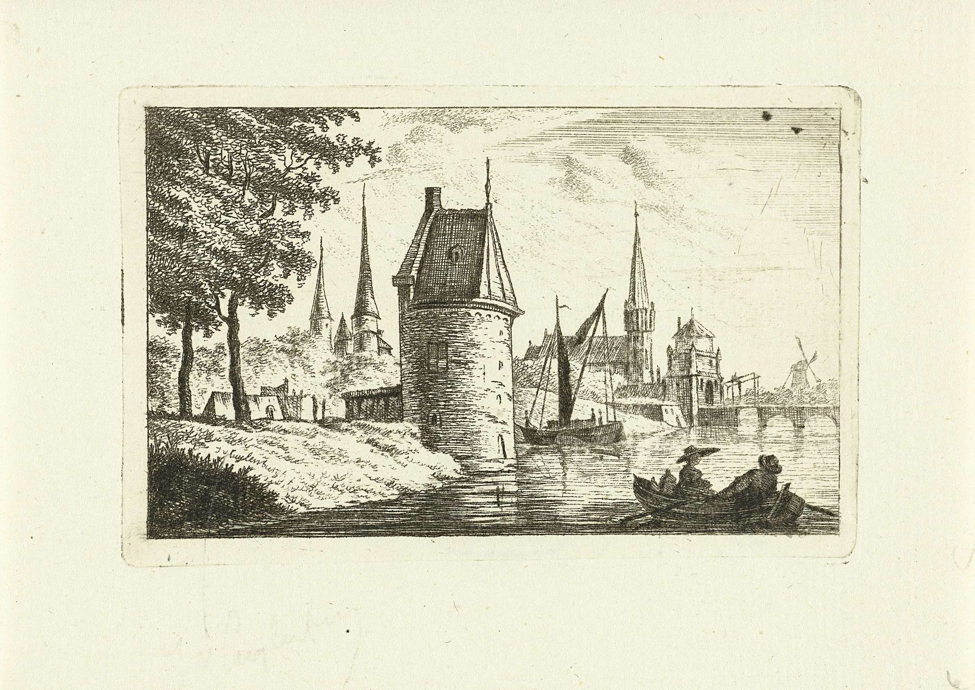 Stadsgezicht met toren aan rivier by Johannes van Cuylenburgh