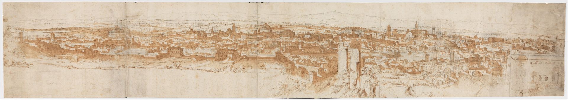 View of Rome from the Janiculum in the South-West; verso: Sketch of buildings and plants by Anthonis van den Wijngaerde