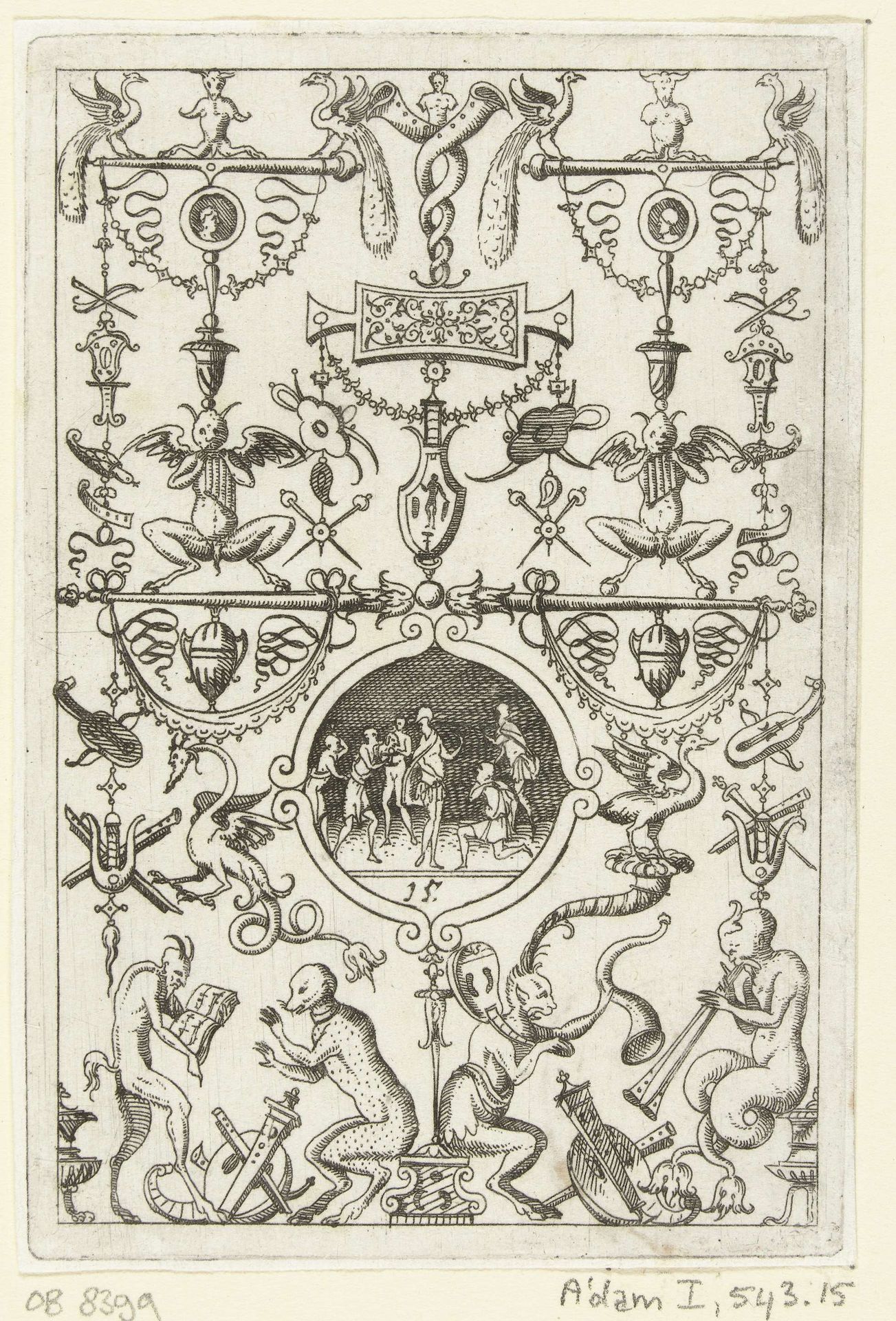 Kandelaber, onderaan zitten vier saters met muziekinstrumenten by Hans Sibmacher
