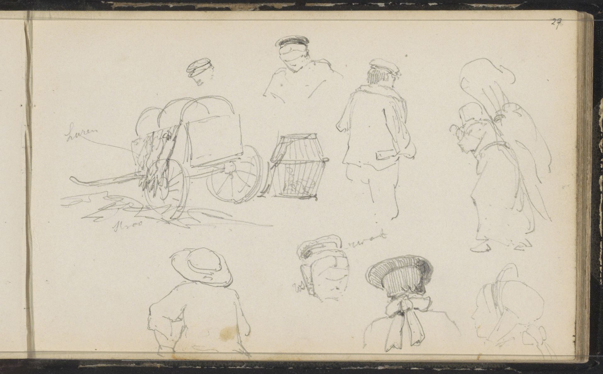 Figuren met hoofddeksels en een kar by Cornelis Springer