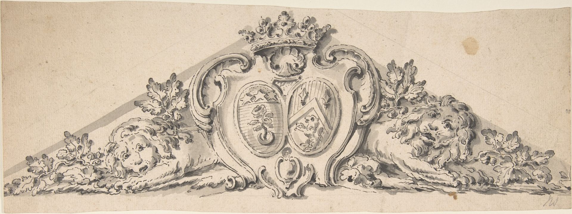 Design for Pediment with Two Heraldic Crests, Lions and a Crown by Anonymous