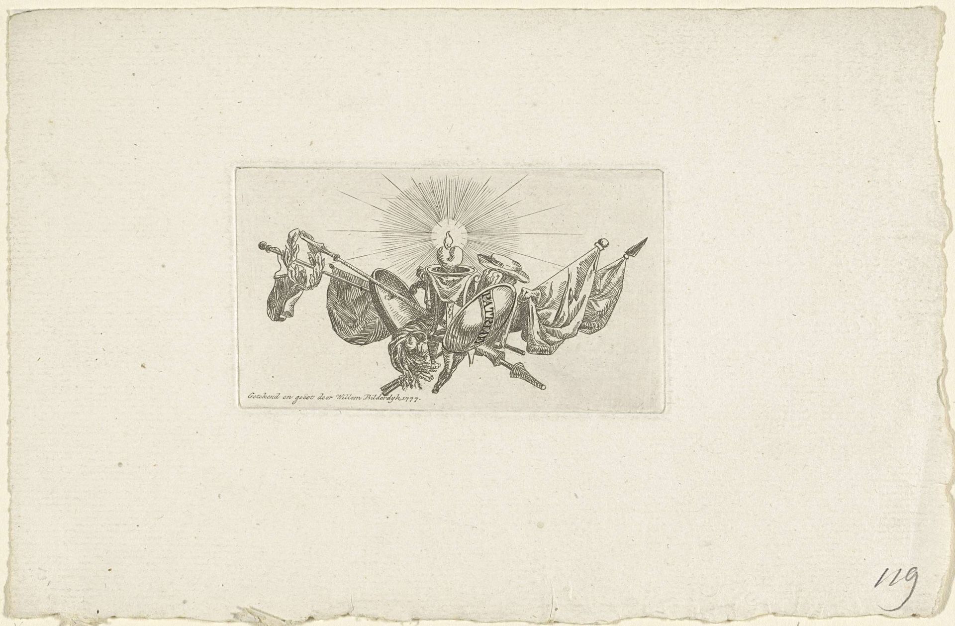 Vignet met banieren, brandend hart, schild, vrijheidshoed en lauwerkrans by Willem Bilderdijk