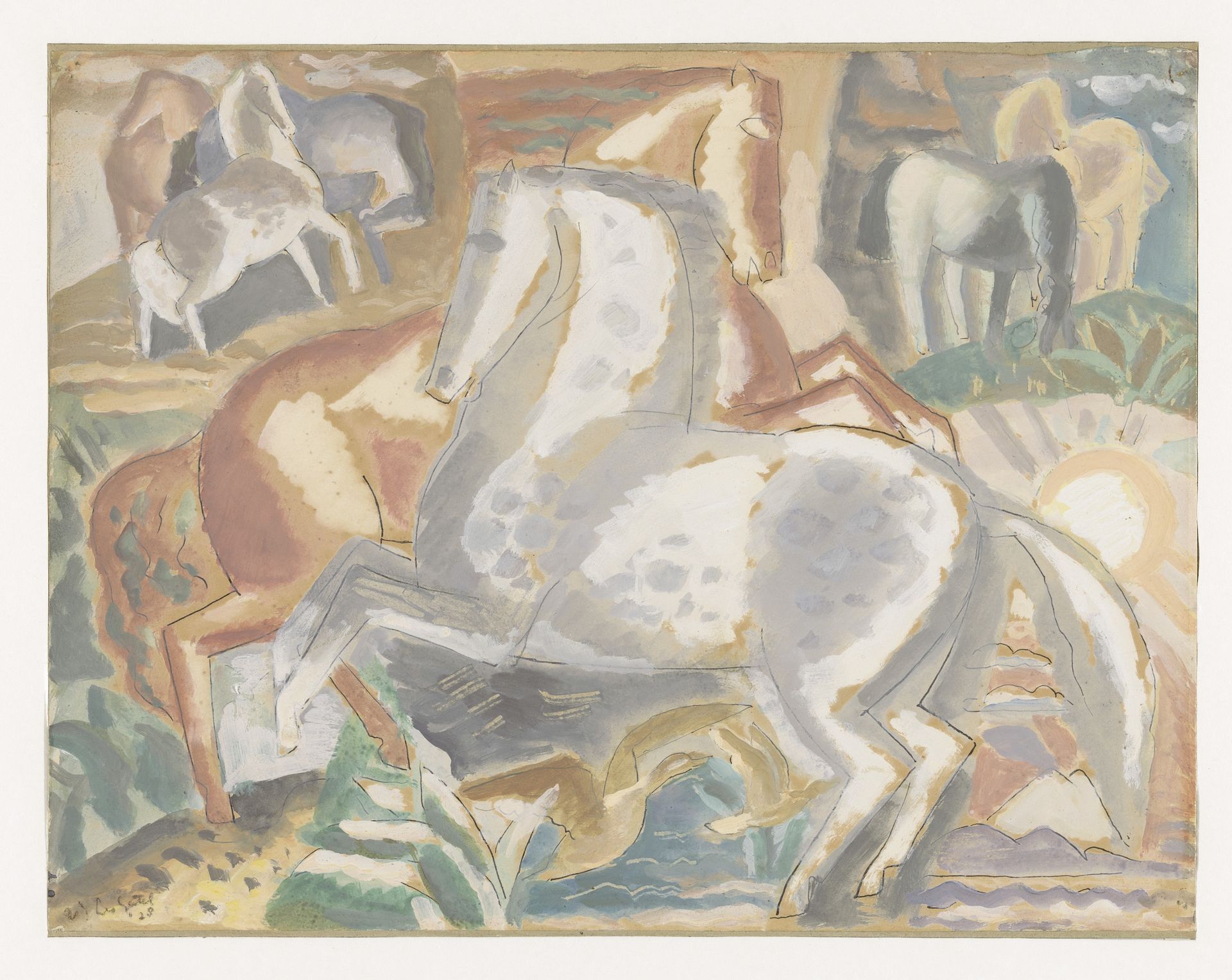 Paarden in landschap by Leo Gestel