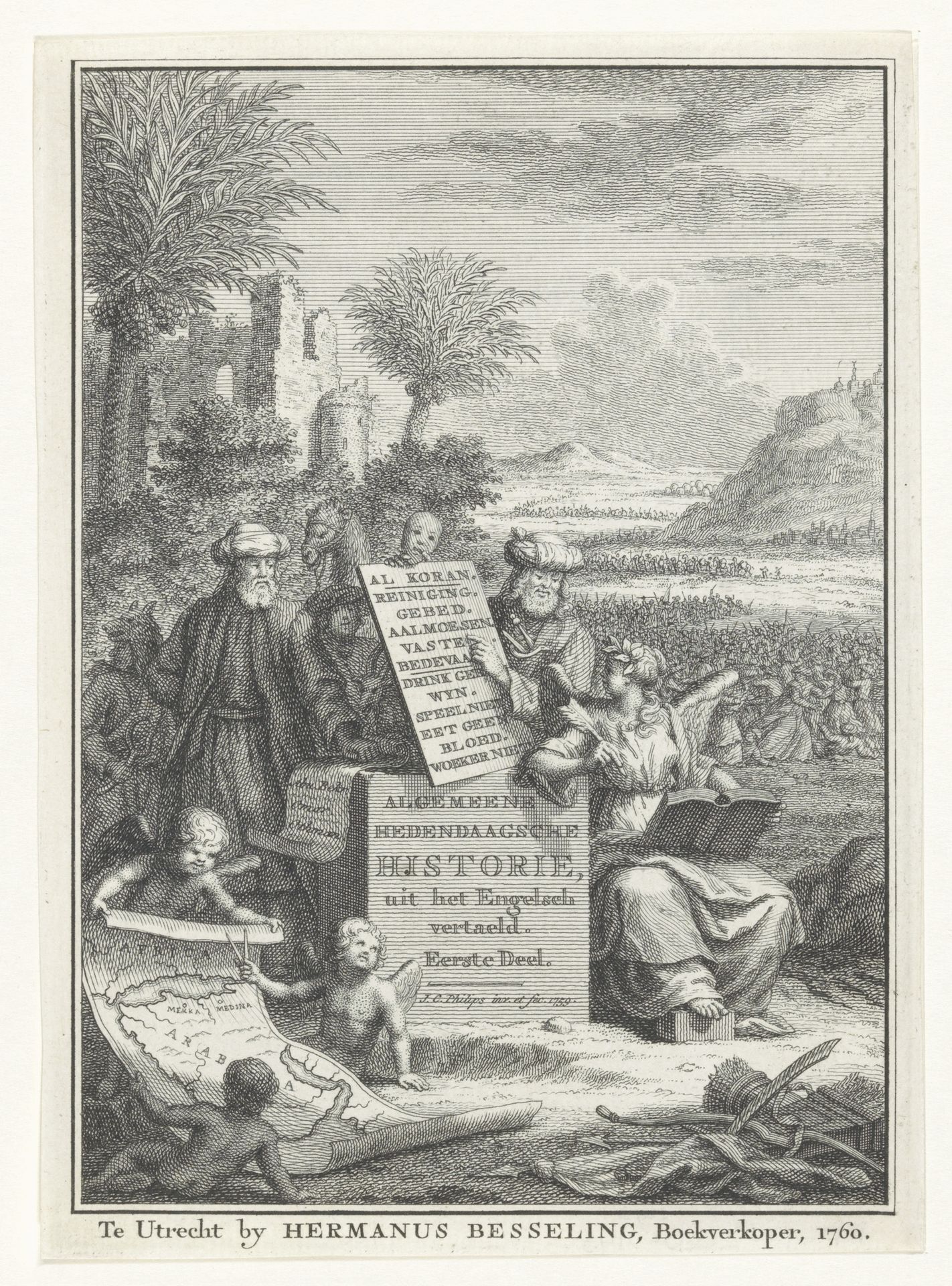 Allegorische voorstelling met Mohammed, Geschiedenis en Arabieren by Jan Caspar Philips