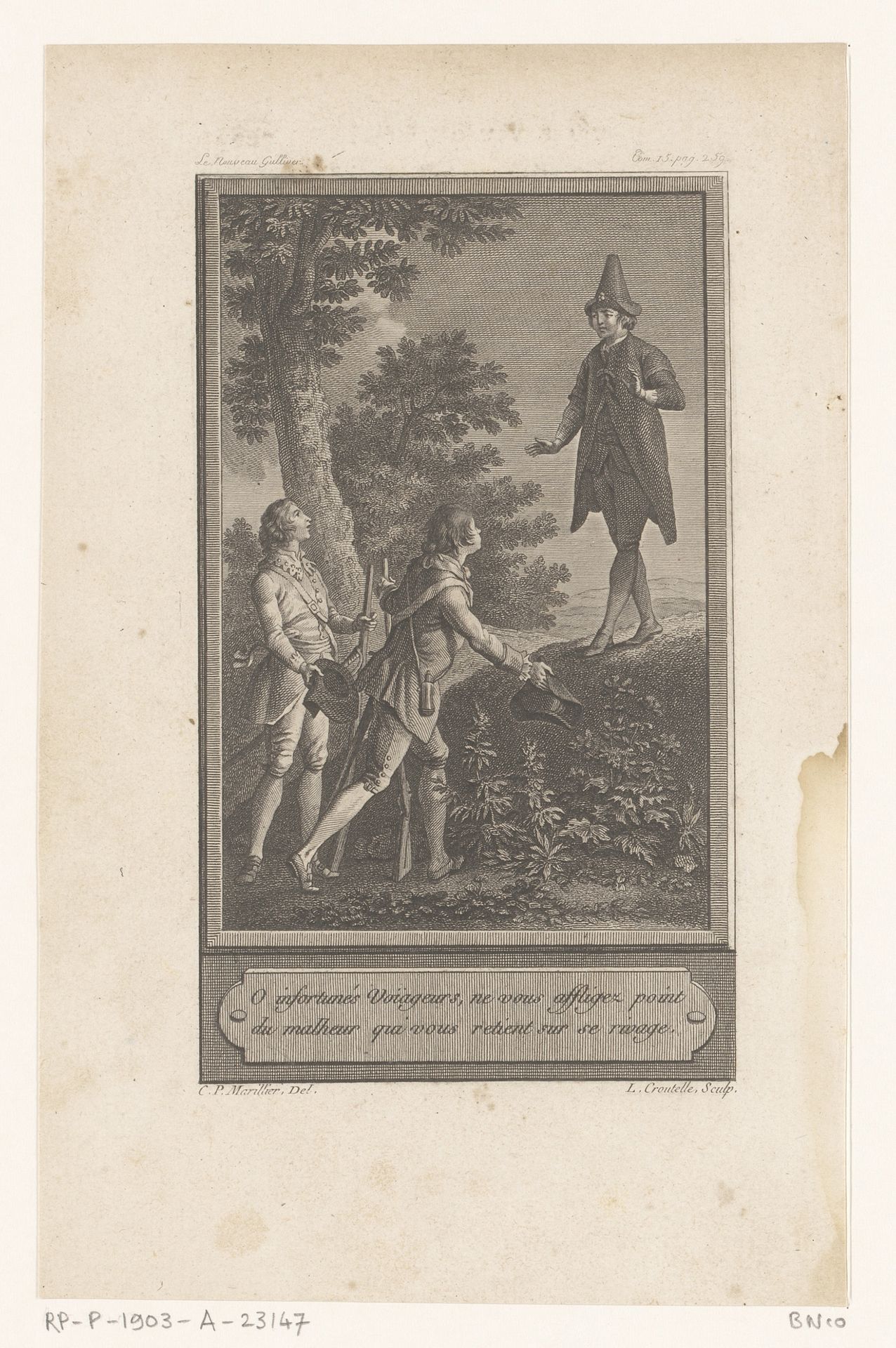 Man op een steen spreekt twee reizigers aan by Louis Croutelle