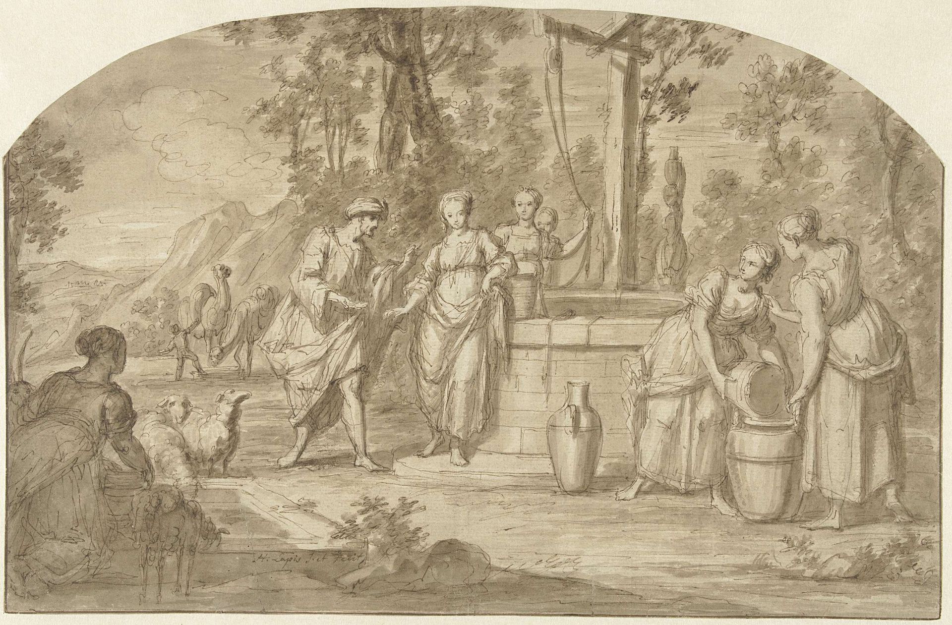 Eliëzer en Rebekka bij de bron by Hieronymus Lapis