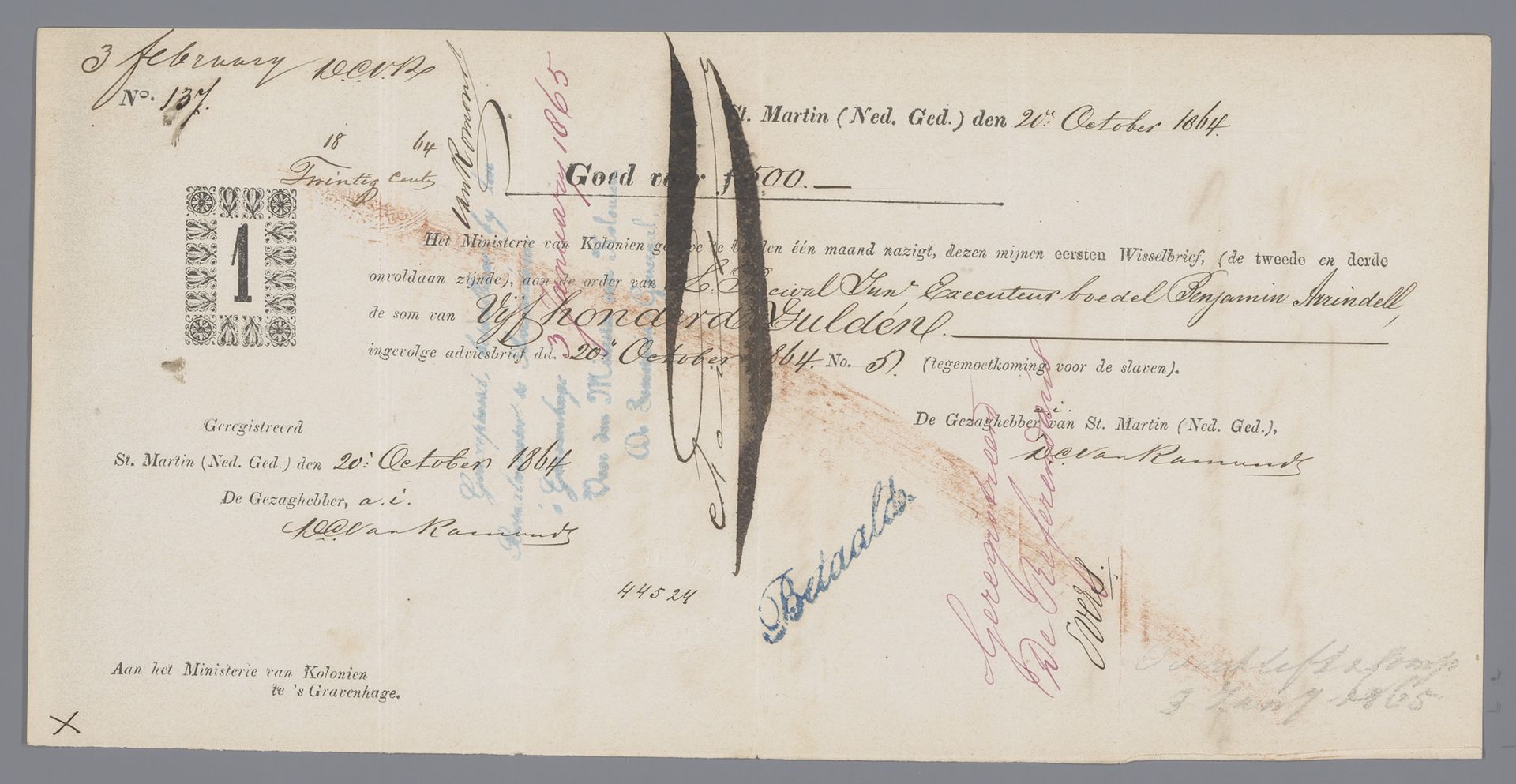 Wisselbrief schadeloosstelling afschaffing slavernij 1863 in Sint Maarten by Ministerie van Koloniën