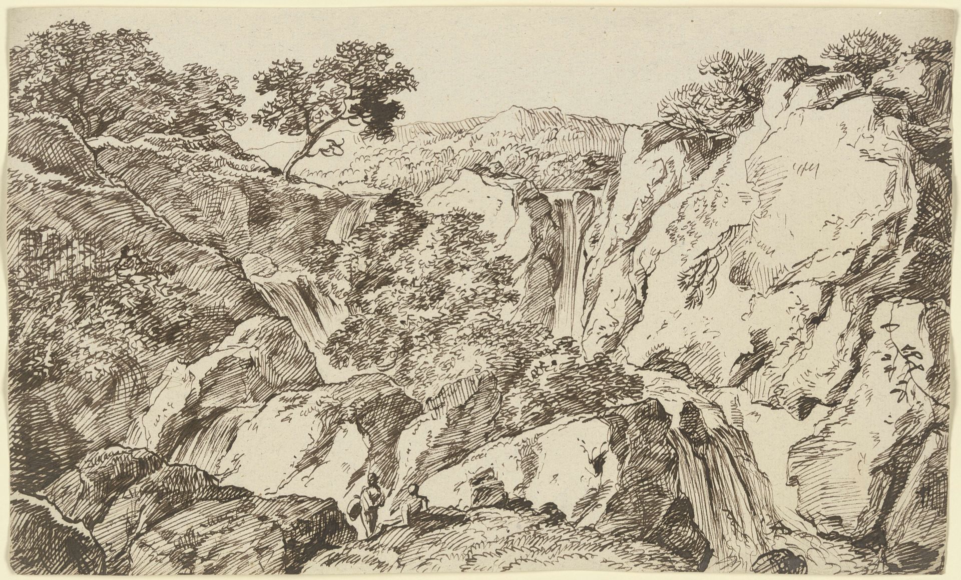 Felsschlucht mit zusammenlaufenden Wasserfällen by Franz Kobell