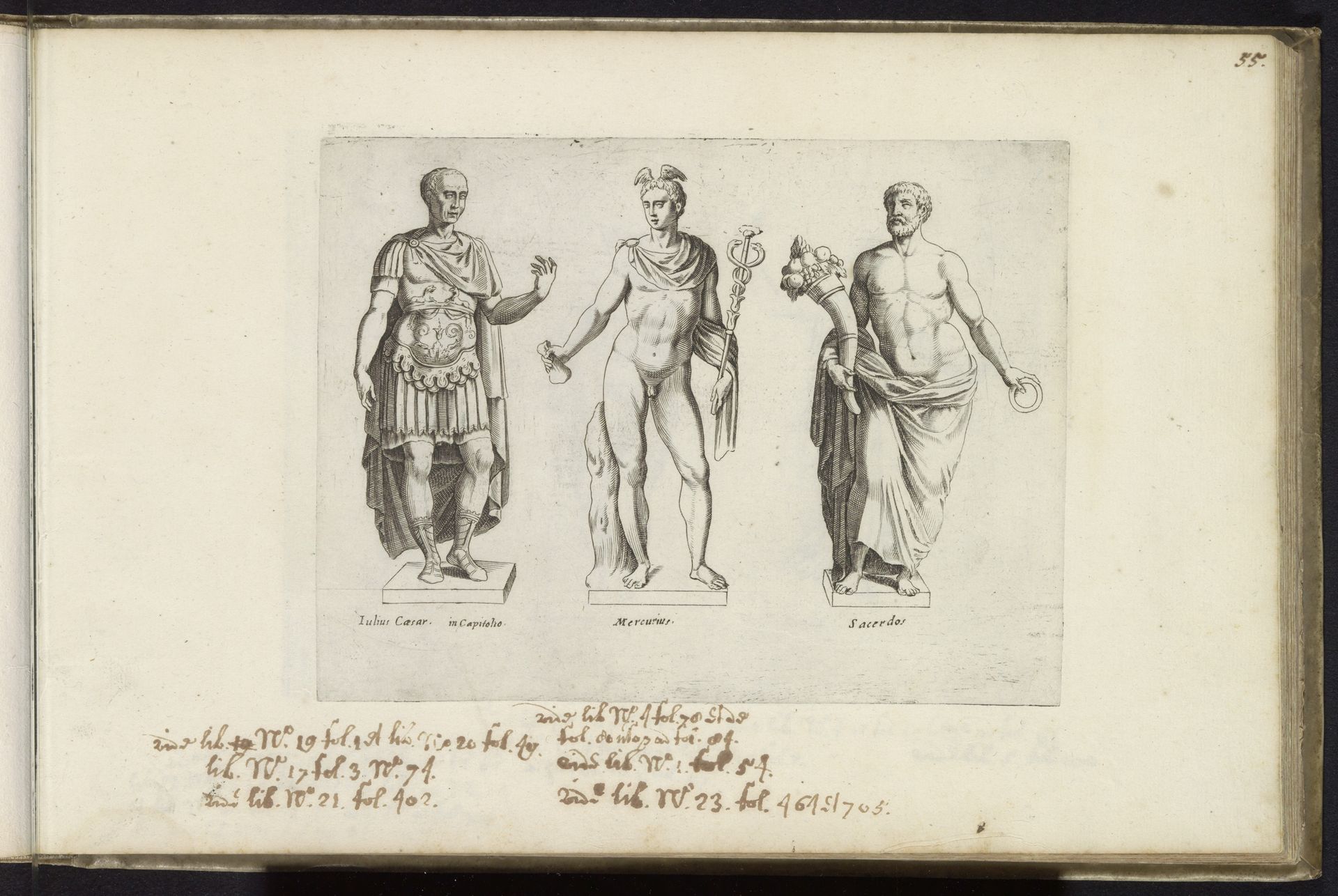 Sculpturen van Julius Caesar, Mercurius en een priester met een hoorn des overvloeds by Anonymous