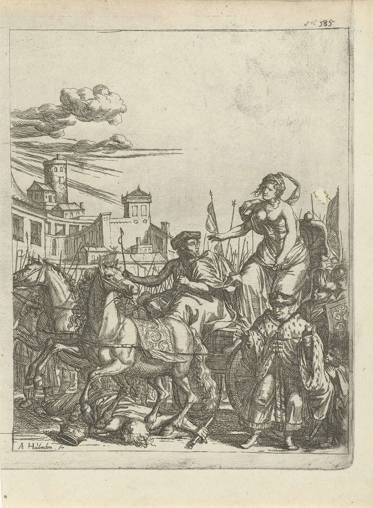 Tullia overrijdt met haar wagen het lijk van haar vader by Arnold Houbraken