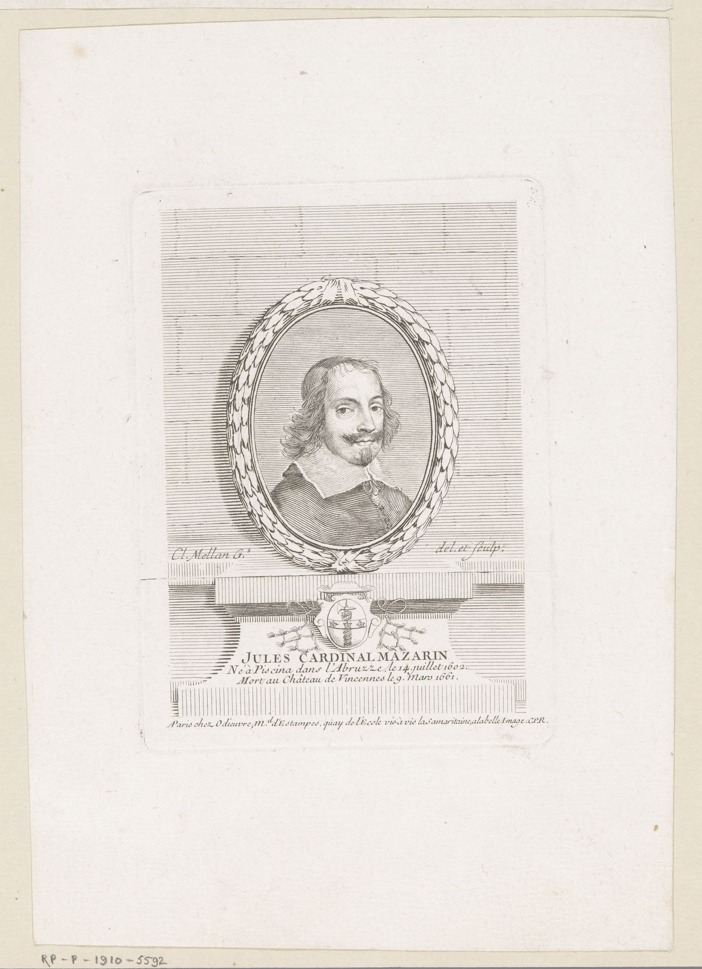 Portret van kardinaal Jules Mazarin in een medaillon by Claude Mellan