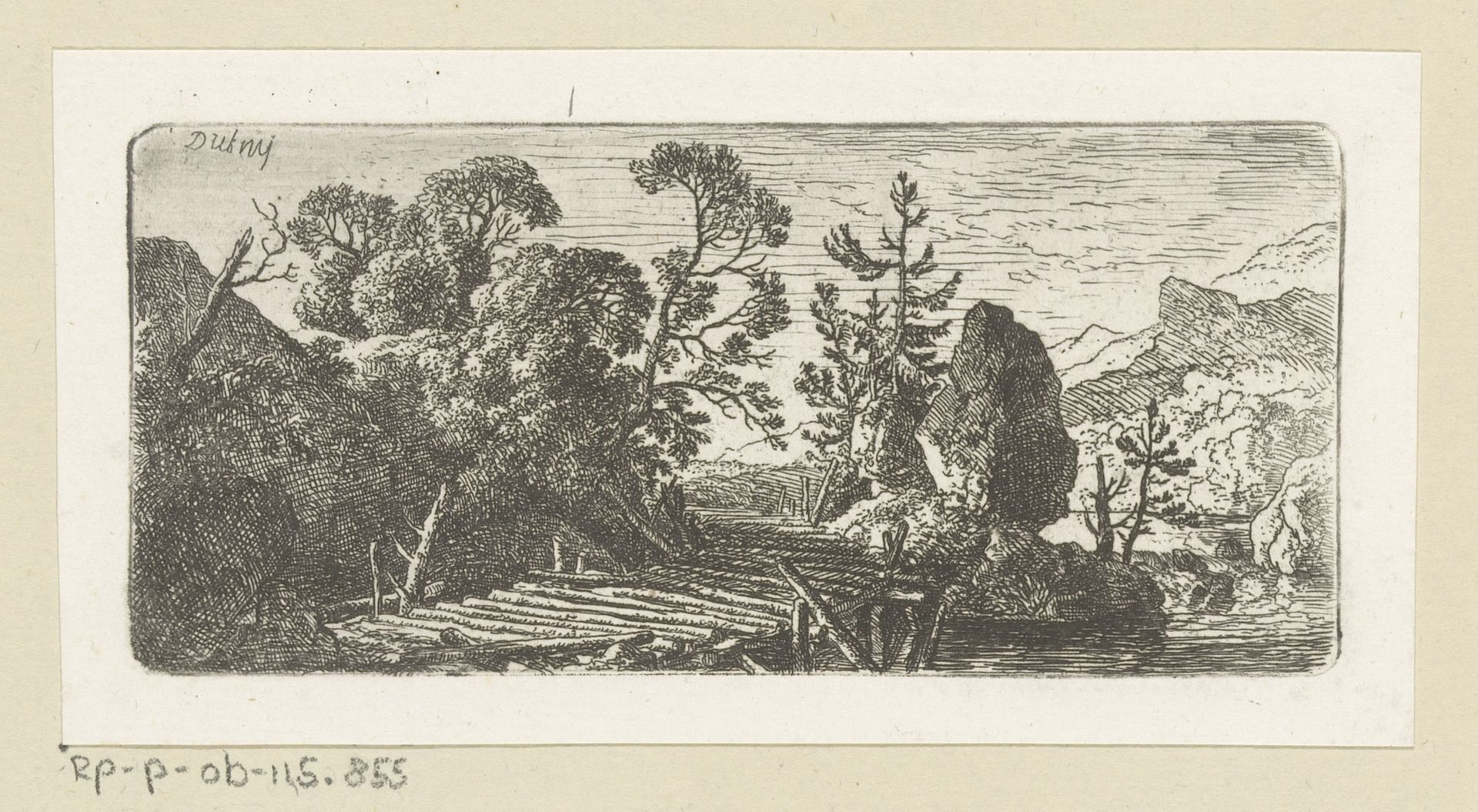 Landschap met houten brug en rotsblok by Christian Wilhelm Ernst Dietrich