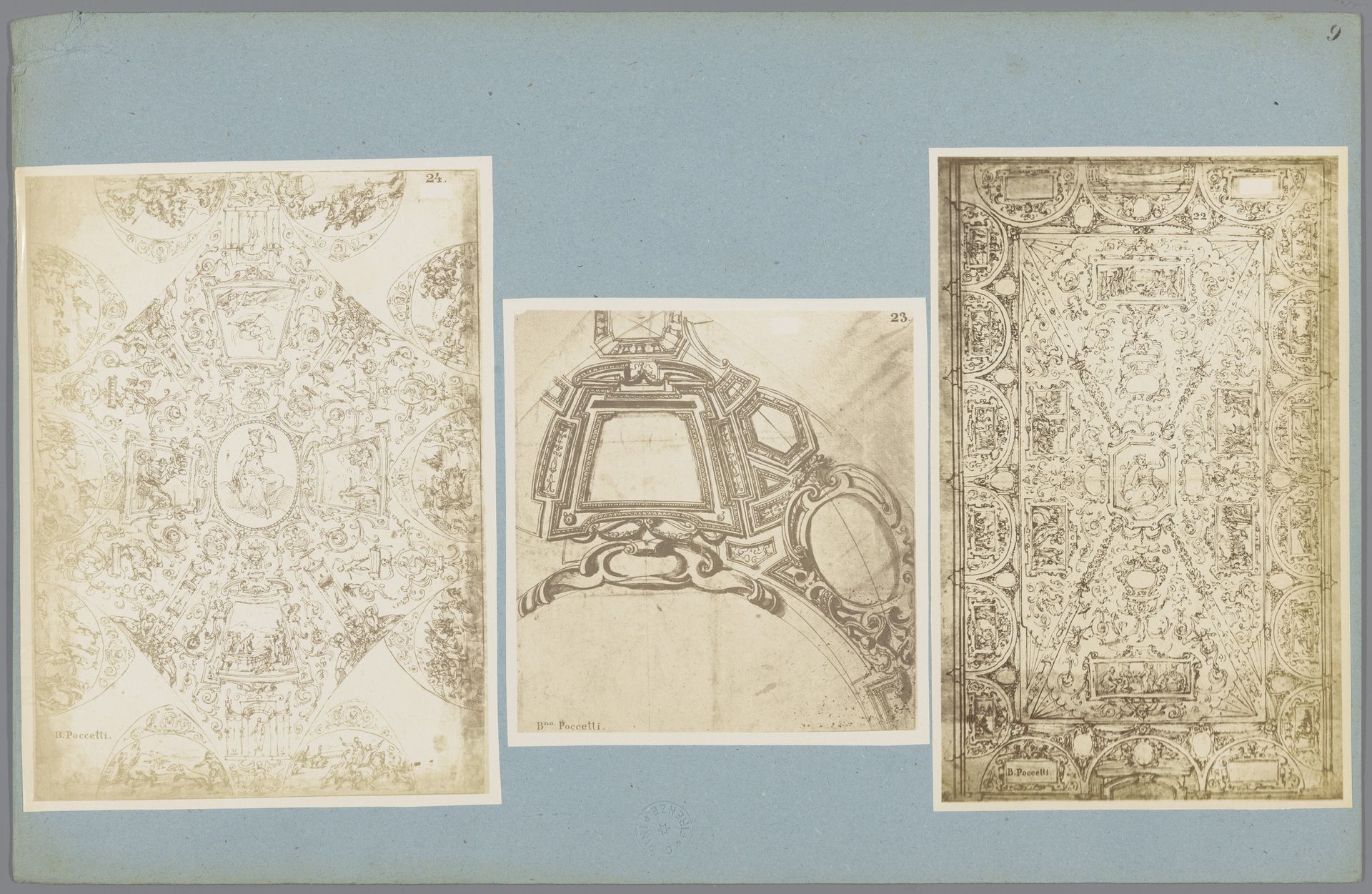 Drie fotoreproducties van tekeningen van plafonddecoraties door Bernardino Poccetti by Anonymous