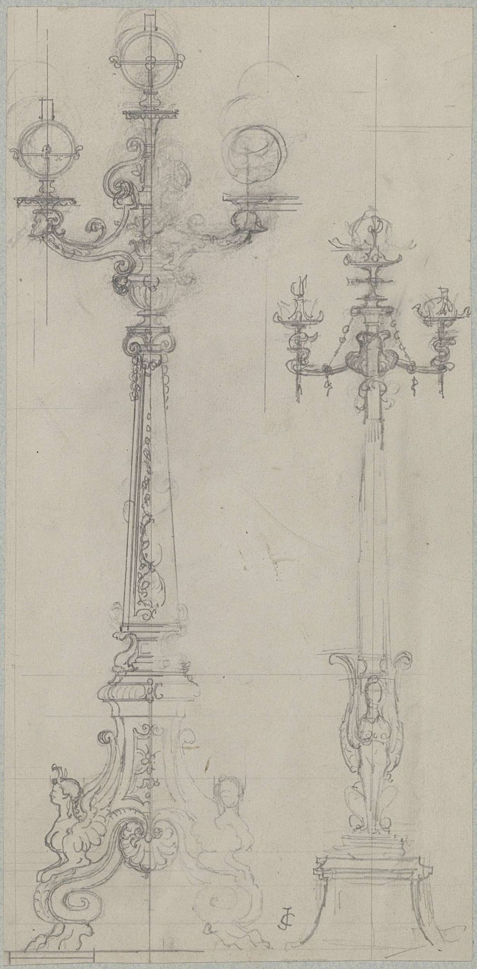Twee torchères met bollampen by Gustave Joseph Chéret