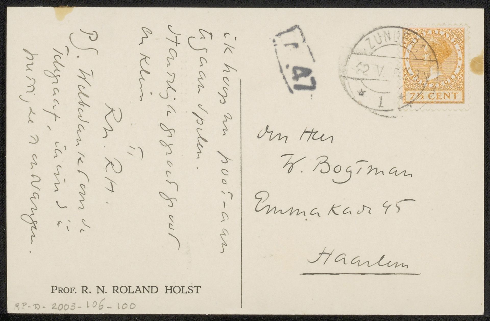 Prentbriefkaart aan Willem Bogtman by Richard Nicolaüs Roland Holst