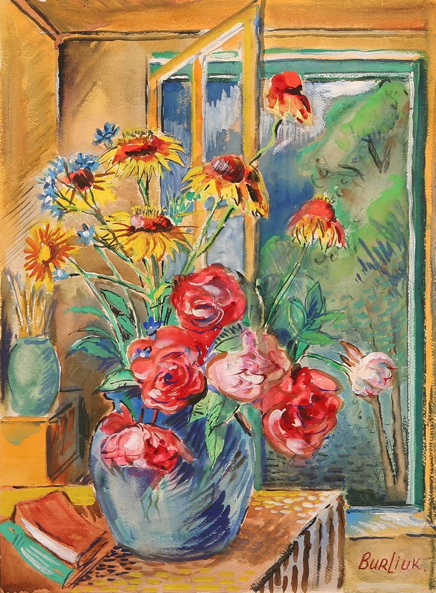 Vase with red and yellow flowers by David Burliuk