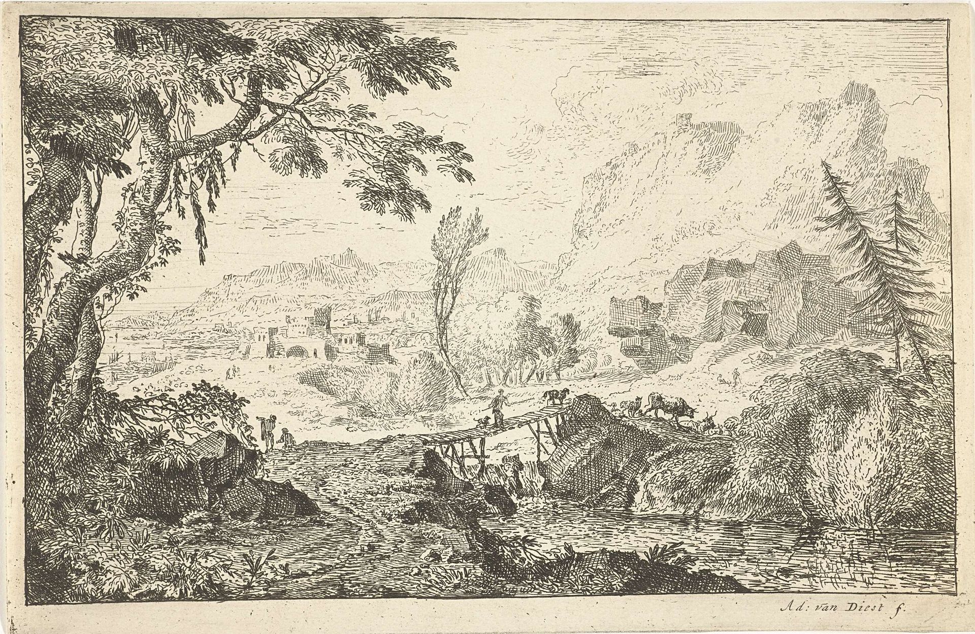 Landschap met houten brug en herder met vee by Adriaen van Diest