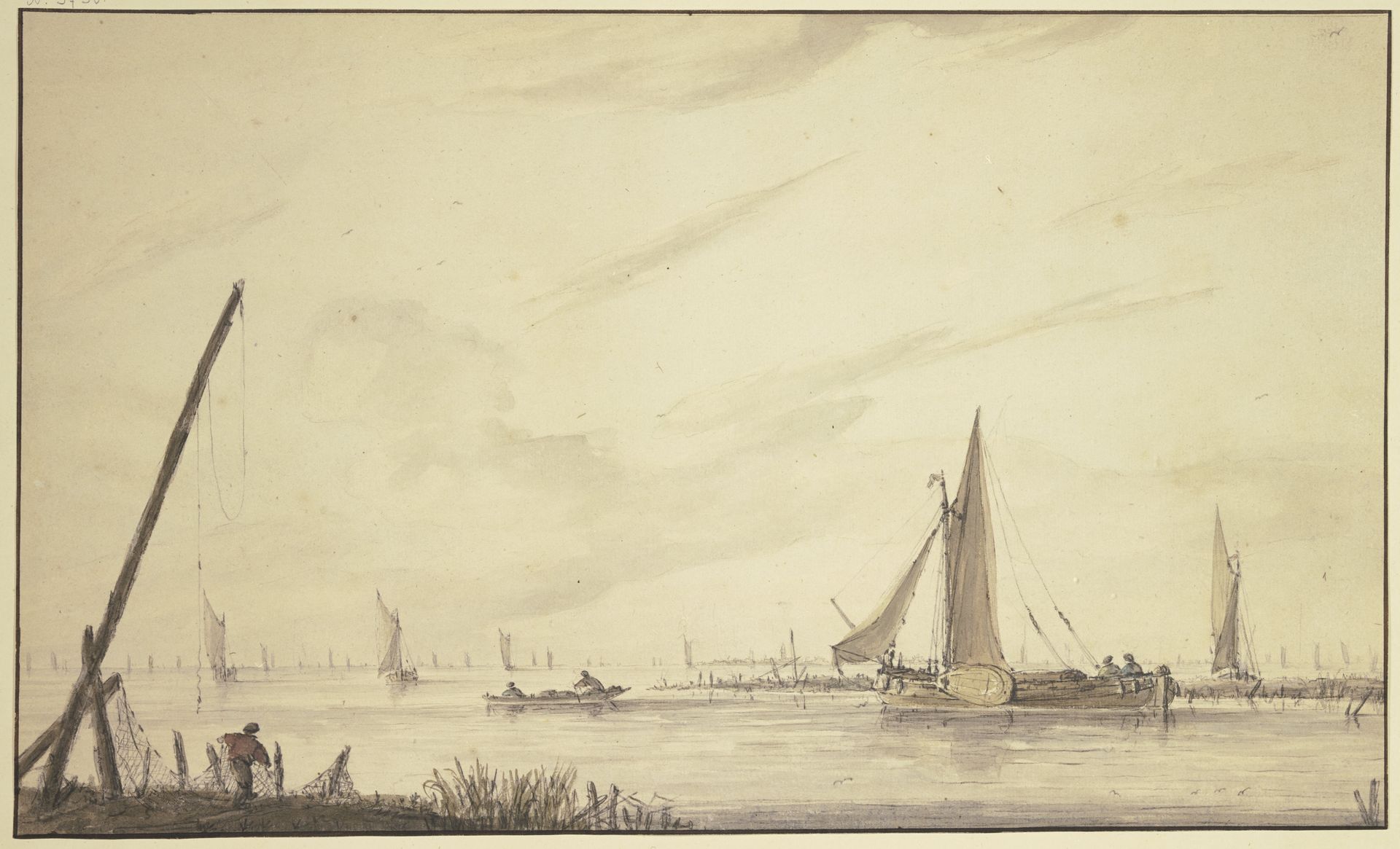 Marine mit vielen Schiffen, links bei einer langen Signalstange ein Fischer mit Netzen by Jan van de Cappelle
