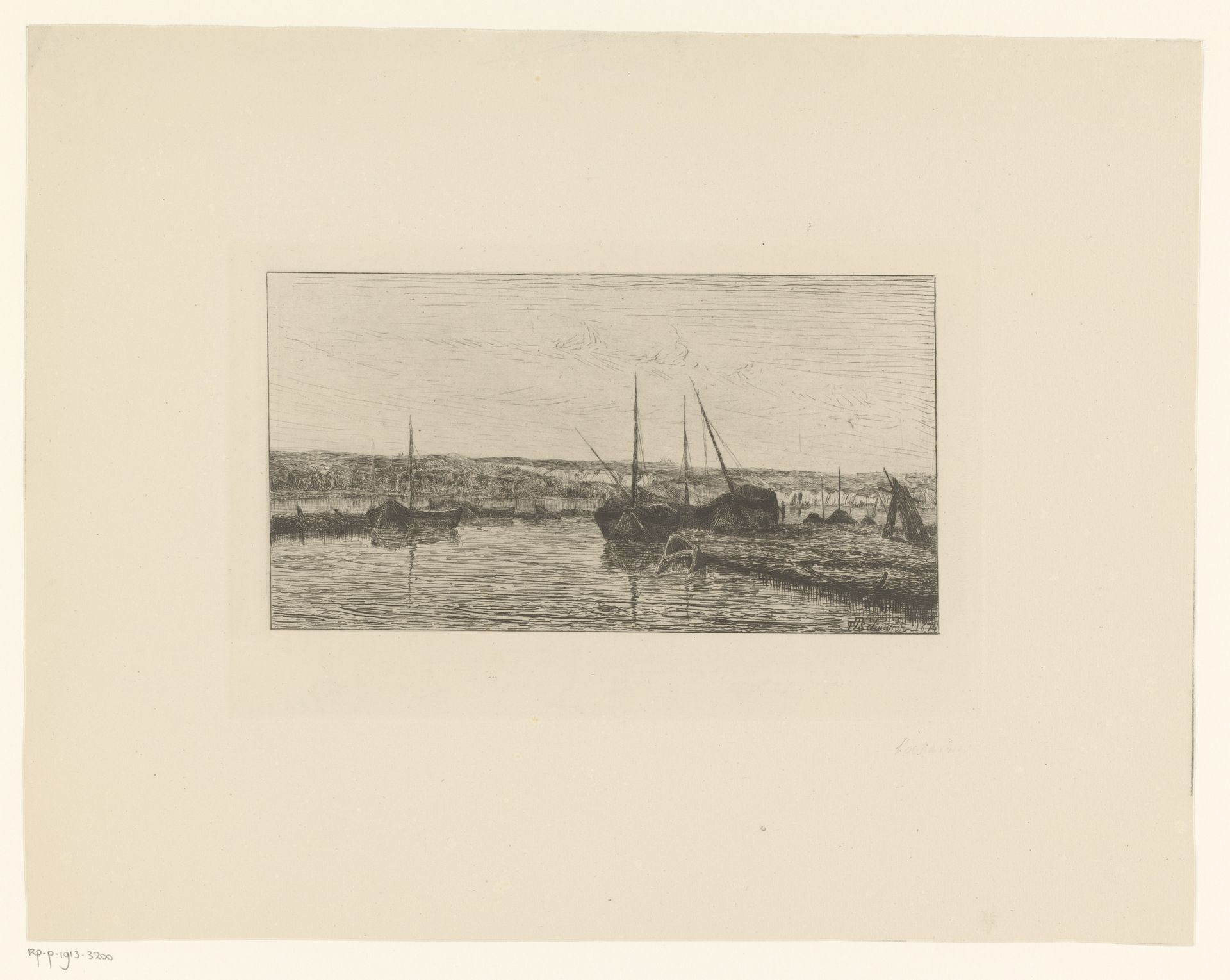 Rivierlandschap met aangemeerde zeilboten by Théodore Tscharner