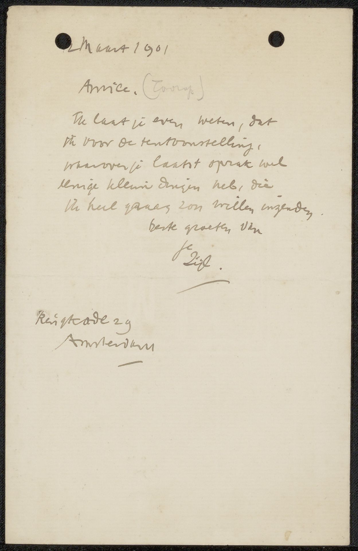 Brief aan Philip Zilcken by Jan Toorop