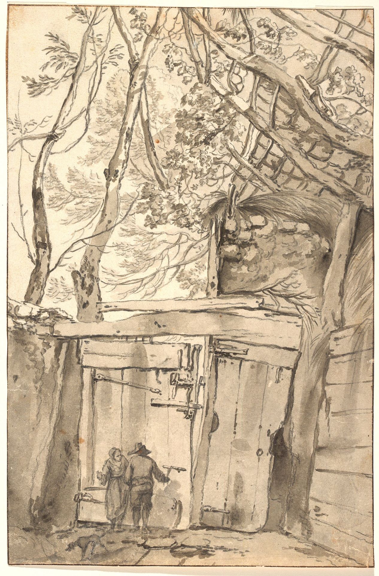 Mand og kvinde foran en gammel port by Pieter Mulier d.Y.