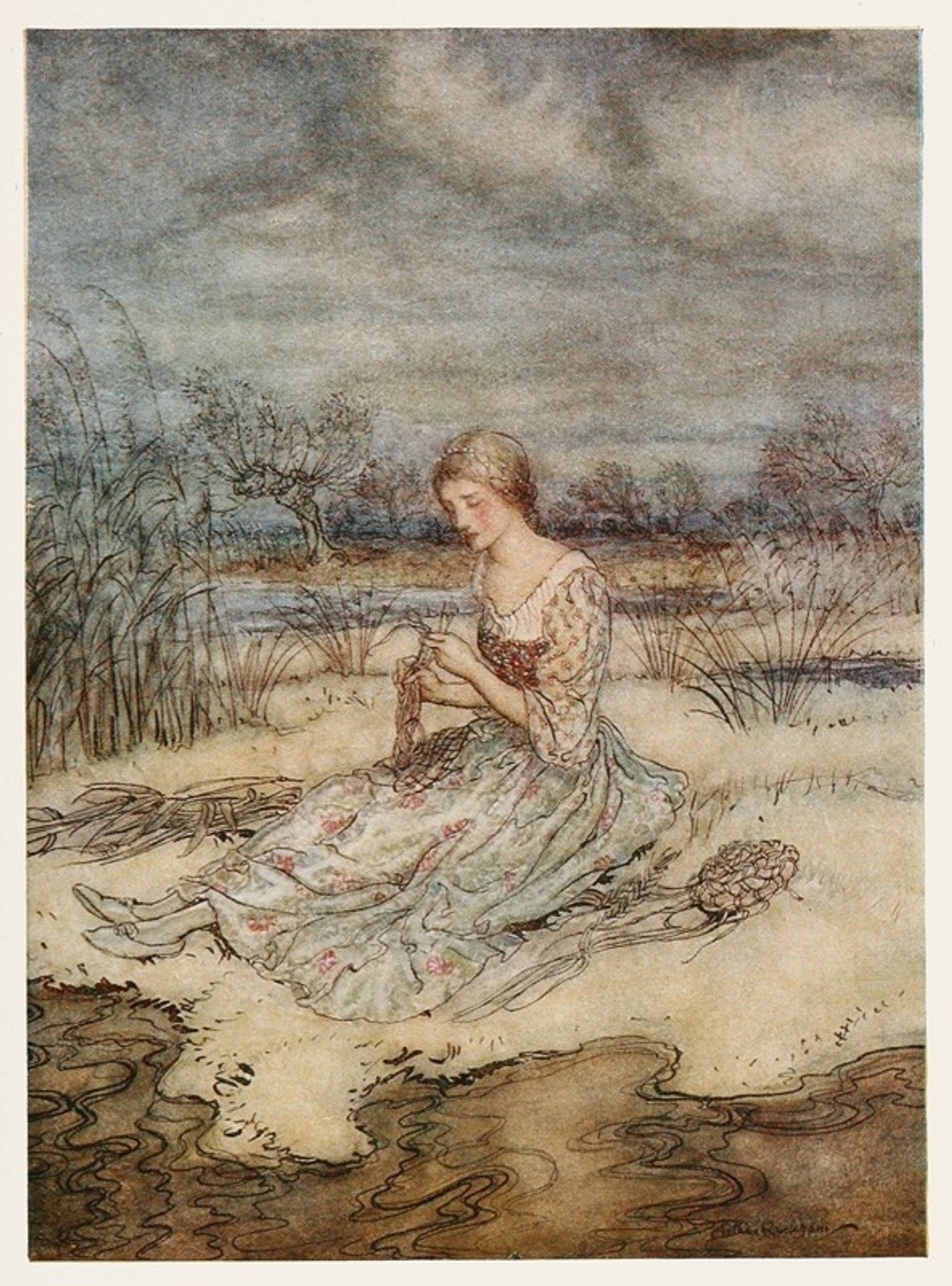 She sate down and plaited herself an overall of rushes and a cap to match by Arthur Rackham