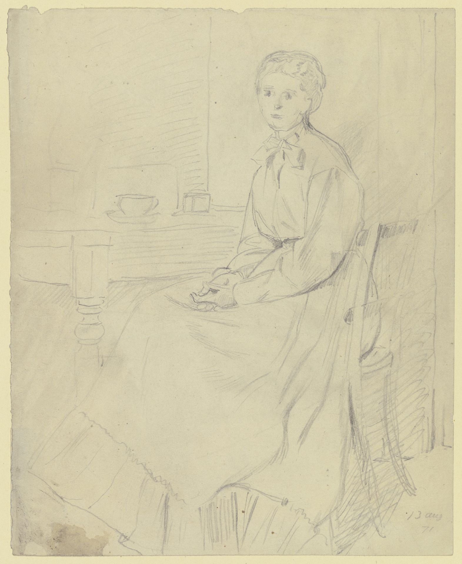 Luise Scholderer am Tisch sitzend by Otto Scholderer