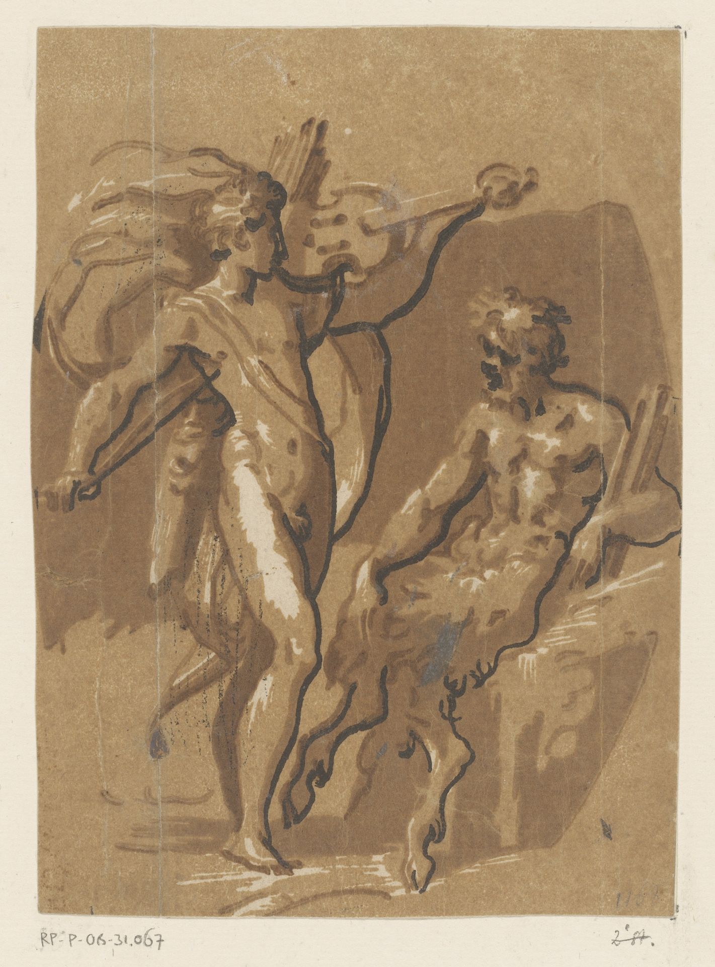 Wedstrijd tussen Apollo en Marsyas by Ugo da Carpi