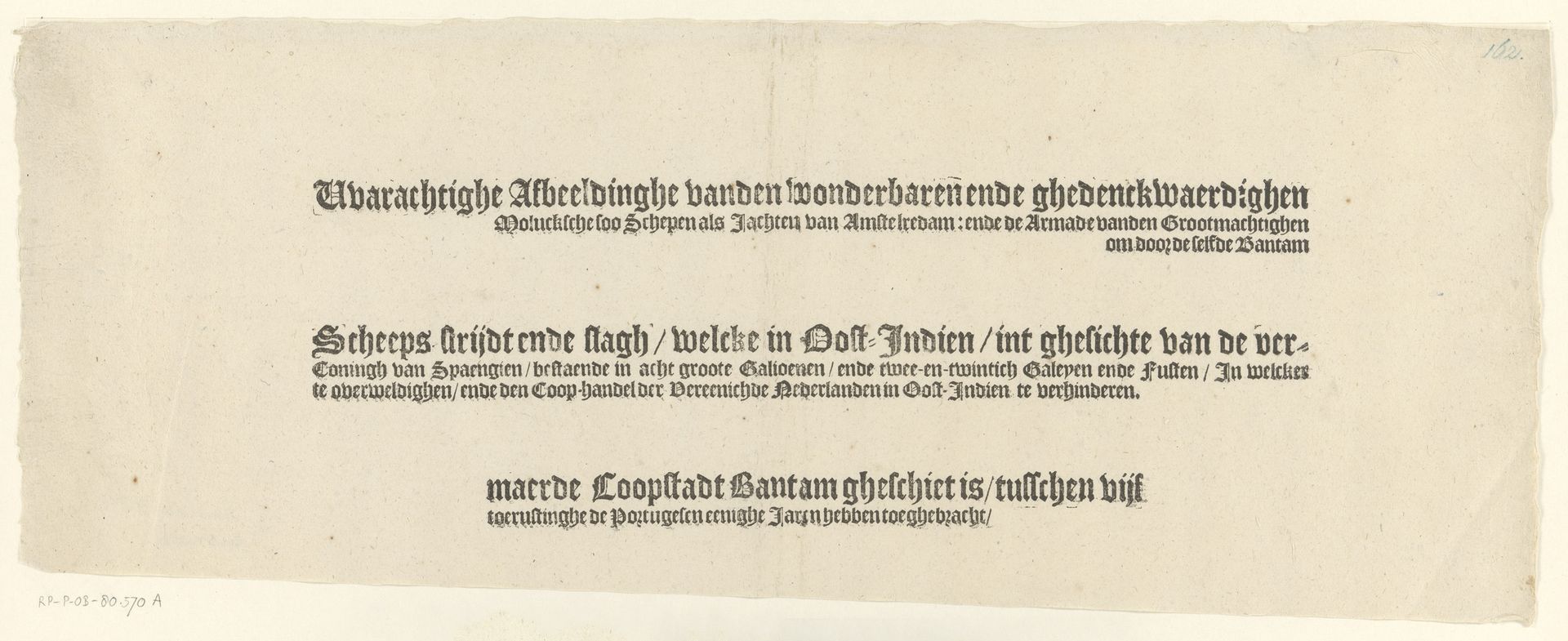 Tekstblad met de titel voor de prent van de overwinning op de Portugese vloot voor Bantam, 1601 by Claes Jansz. Visscher