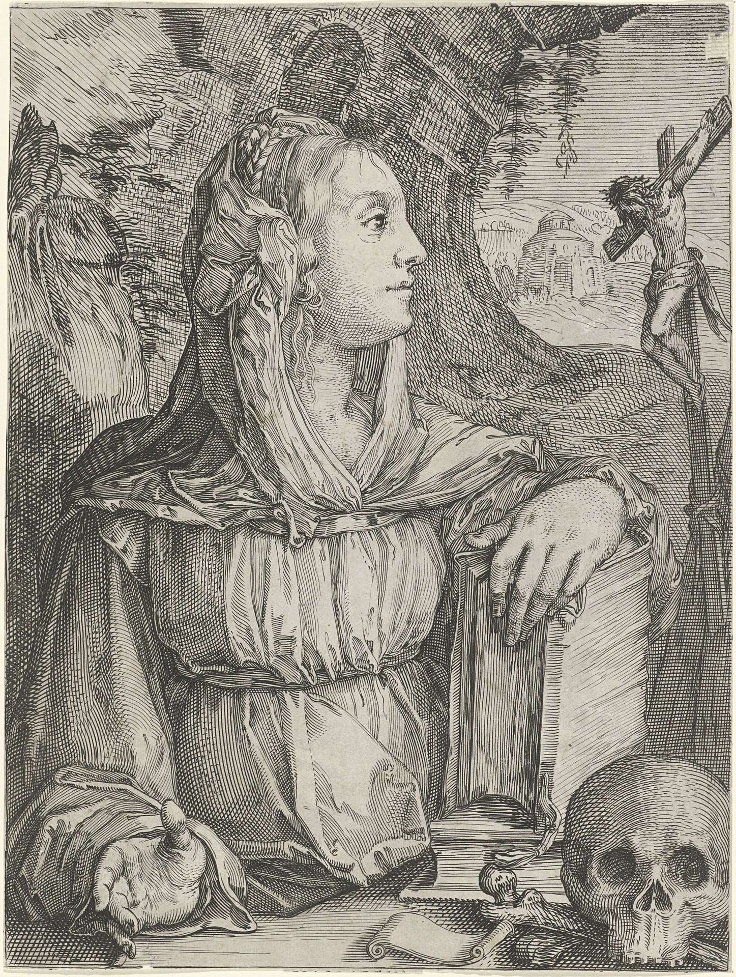 Boetvaardige Maria Magdalena, in profiel by Jacob Matham