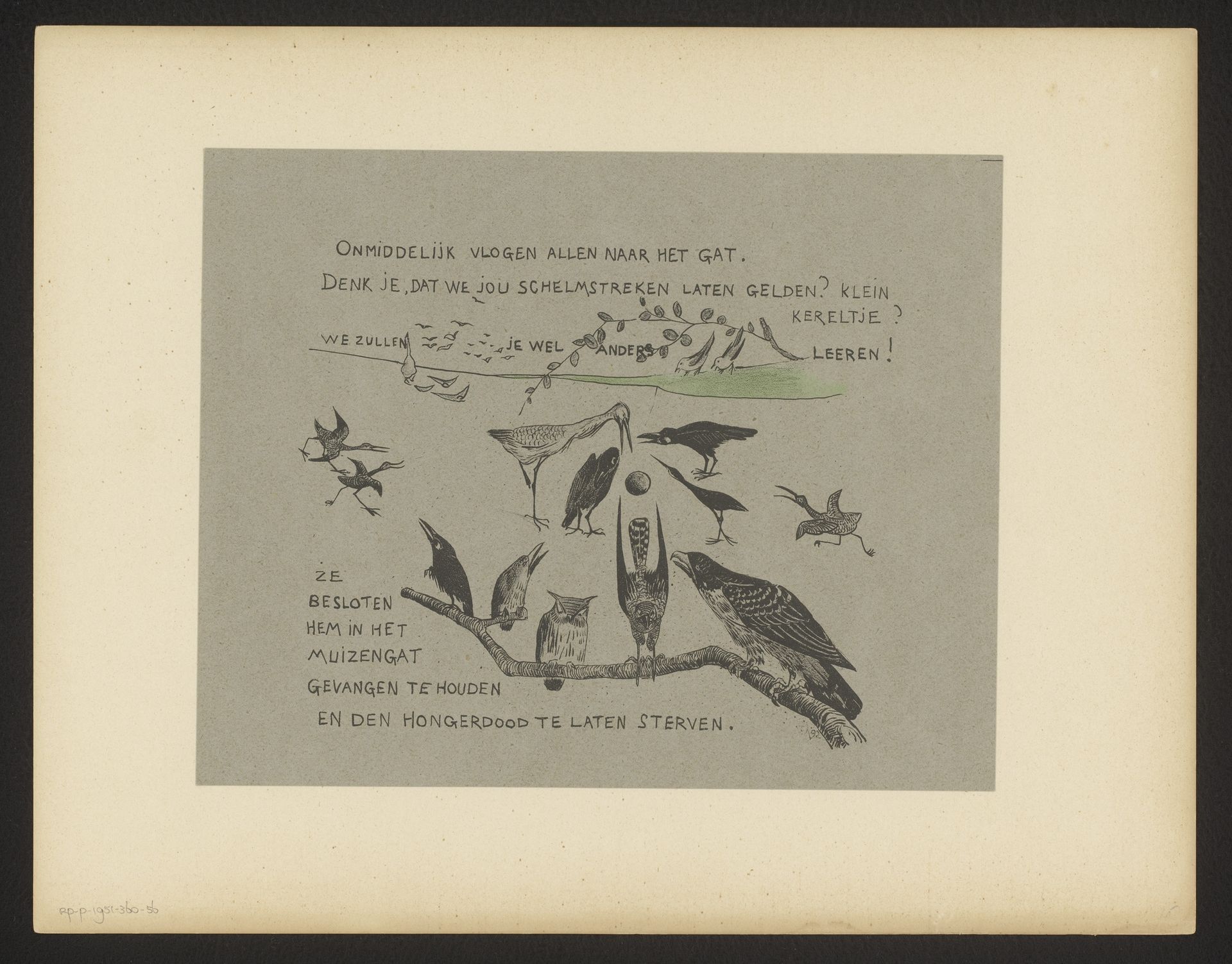 Tekstblad met diverse vogelsoorten bij het muizenhol waarin de winterkoning verdween by Theo van Hoytema