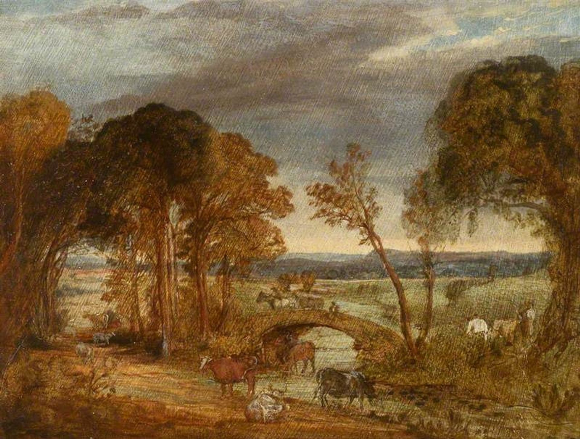 River Landscape with Bridge, Figures and Cattle by James Ward
