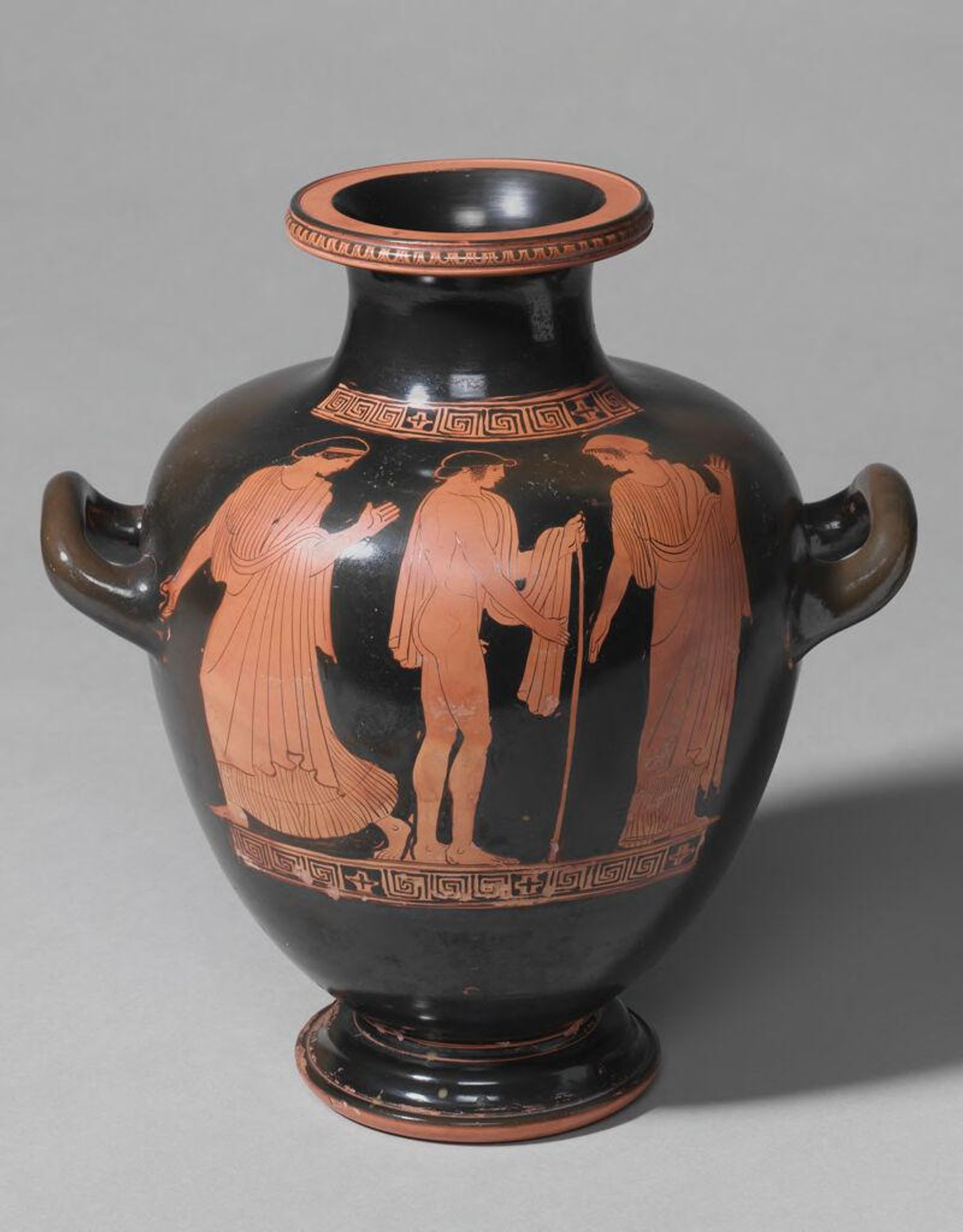 Kalpis-Hydria (water jar): Youth Flanked by Two Women by Attributed to the Villa Giulia Painter