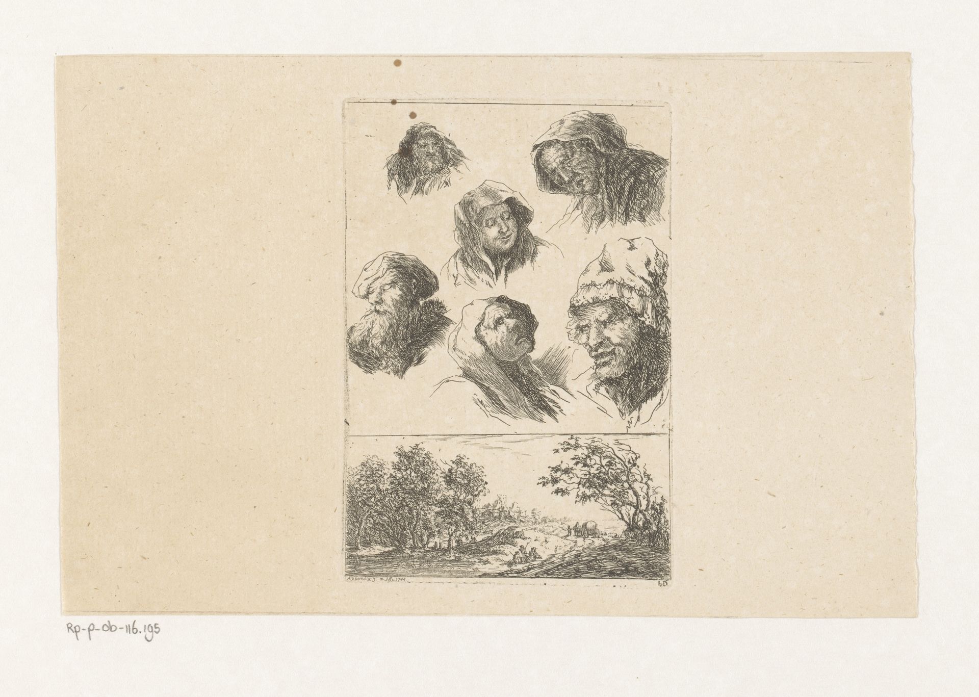 Zes mannen- en vrouwenkoppen en een landschap met dorp in de verte by Christian Ludwig von Hagedorn