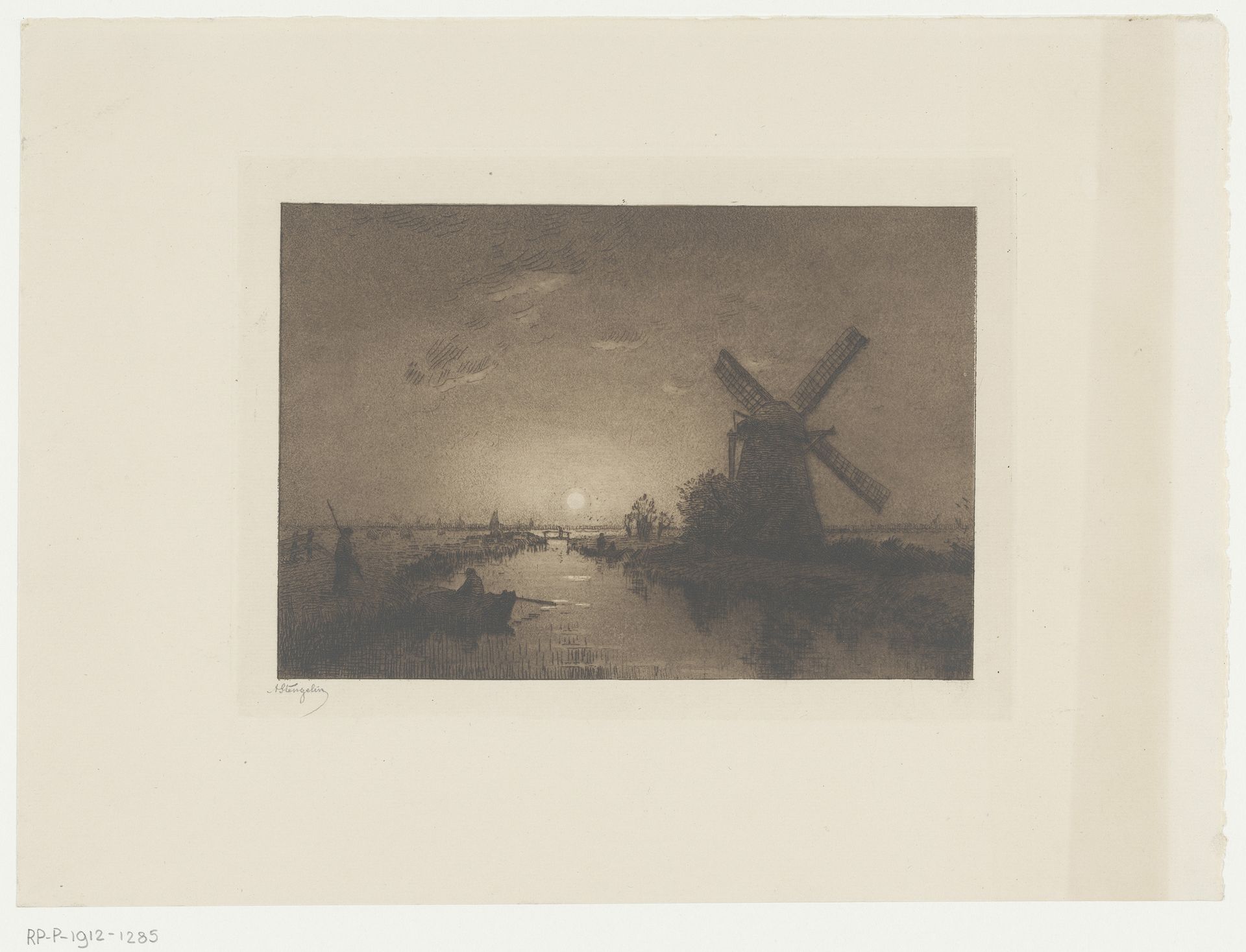 Landschap met molen bij maanlicht by Alphonse Stengelin