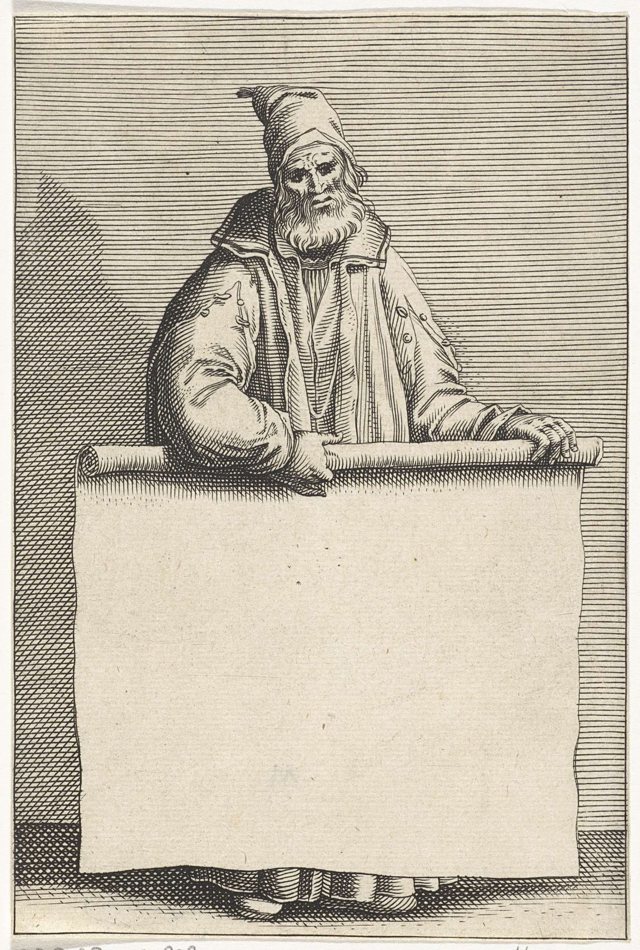 Oude man met rol papier by Pieter Serwouters
