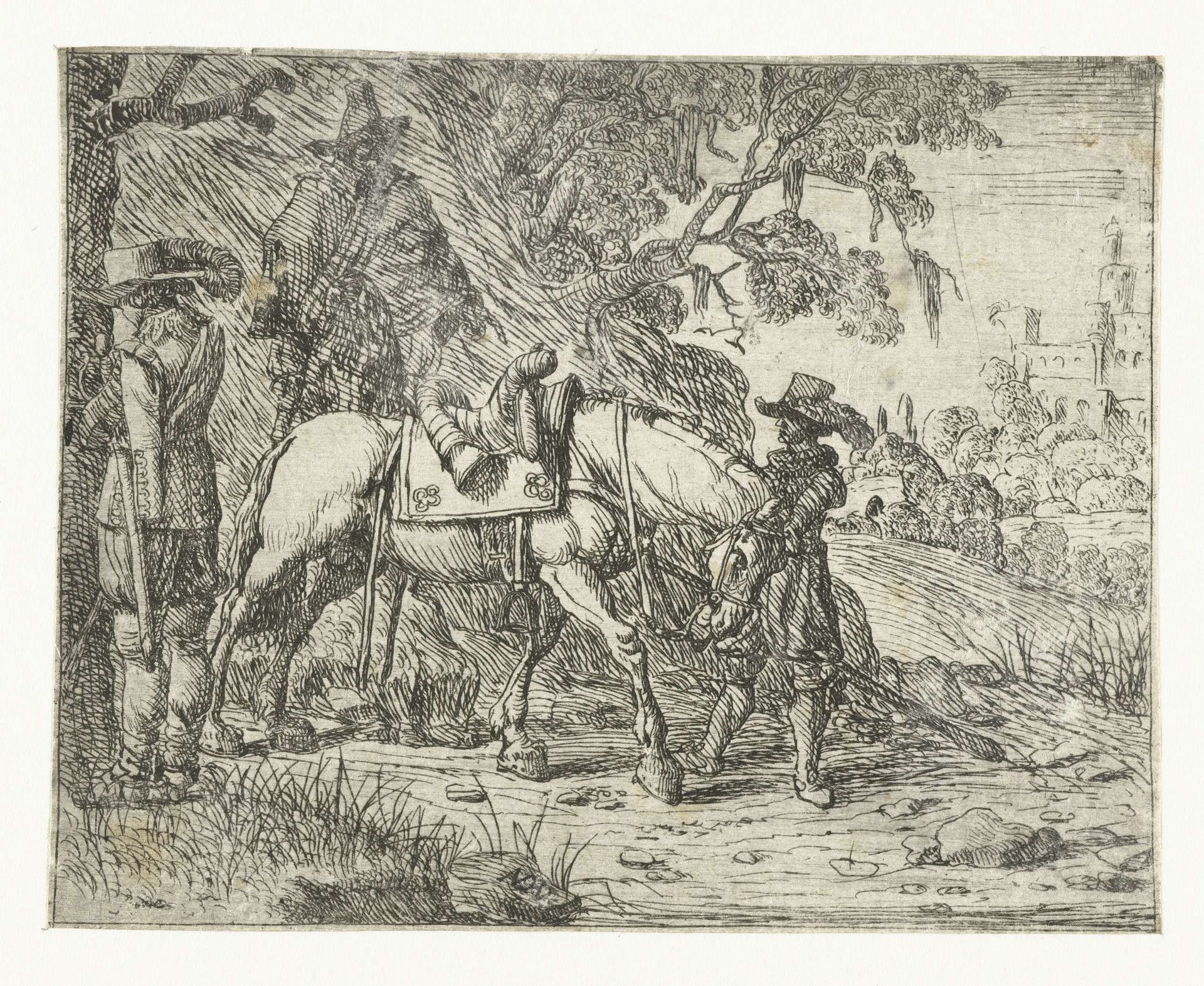 Plassende ruiter bij rustend paard met man en ruiter te paard by Pieter Bodding van Laer