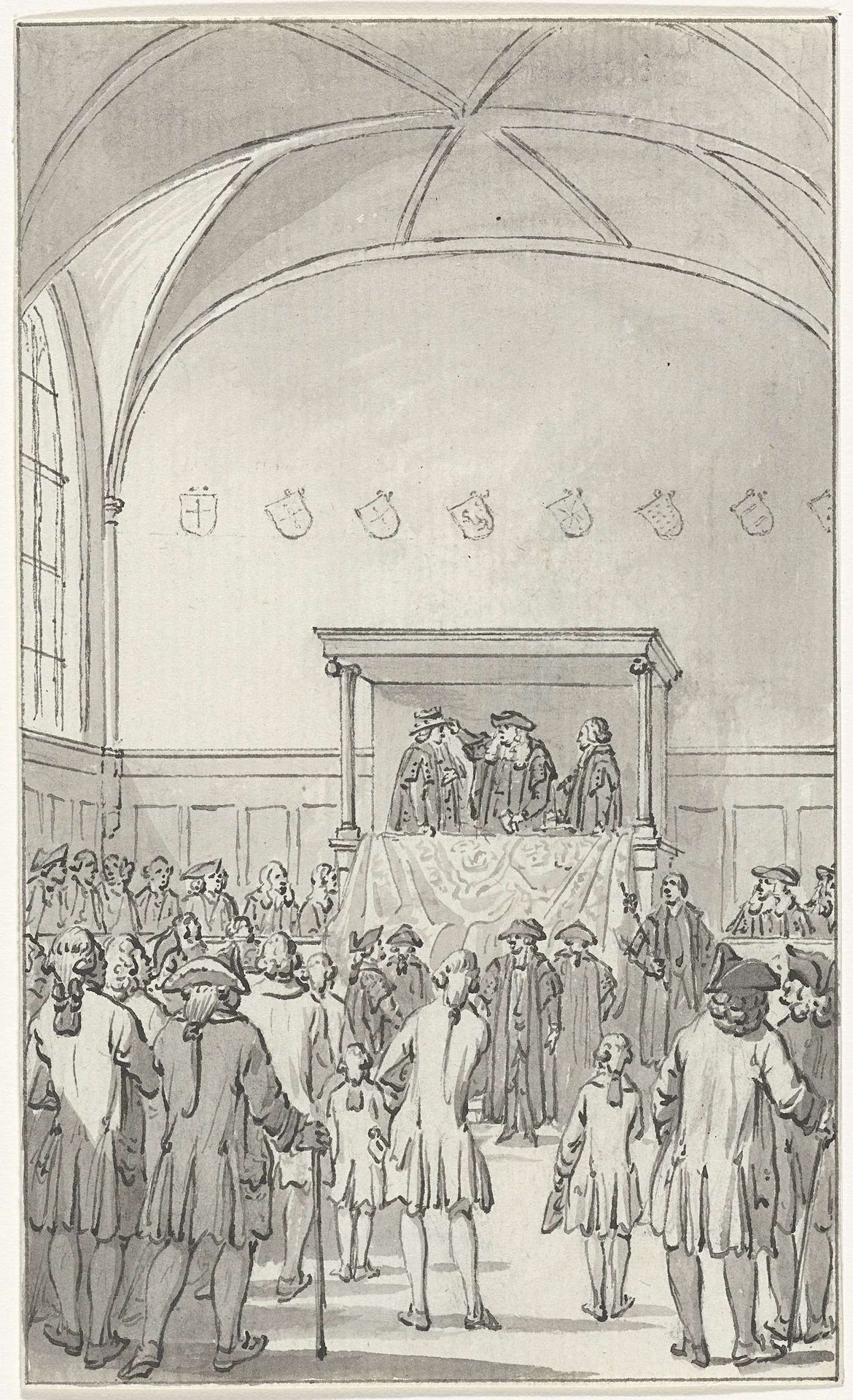Promotie met de kap te Leiden ter gelegenheid van het tweede eeuwfeest van de Universiteit, 9 februari 1775 by Jacobus Buys