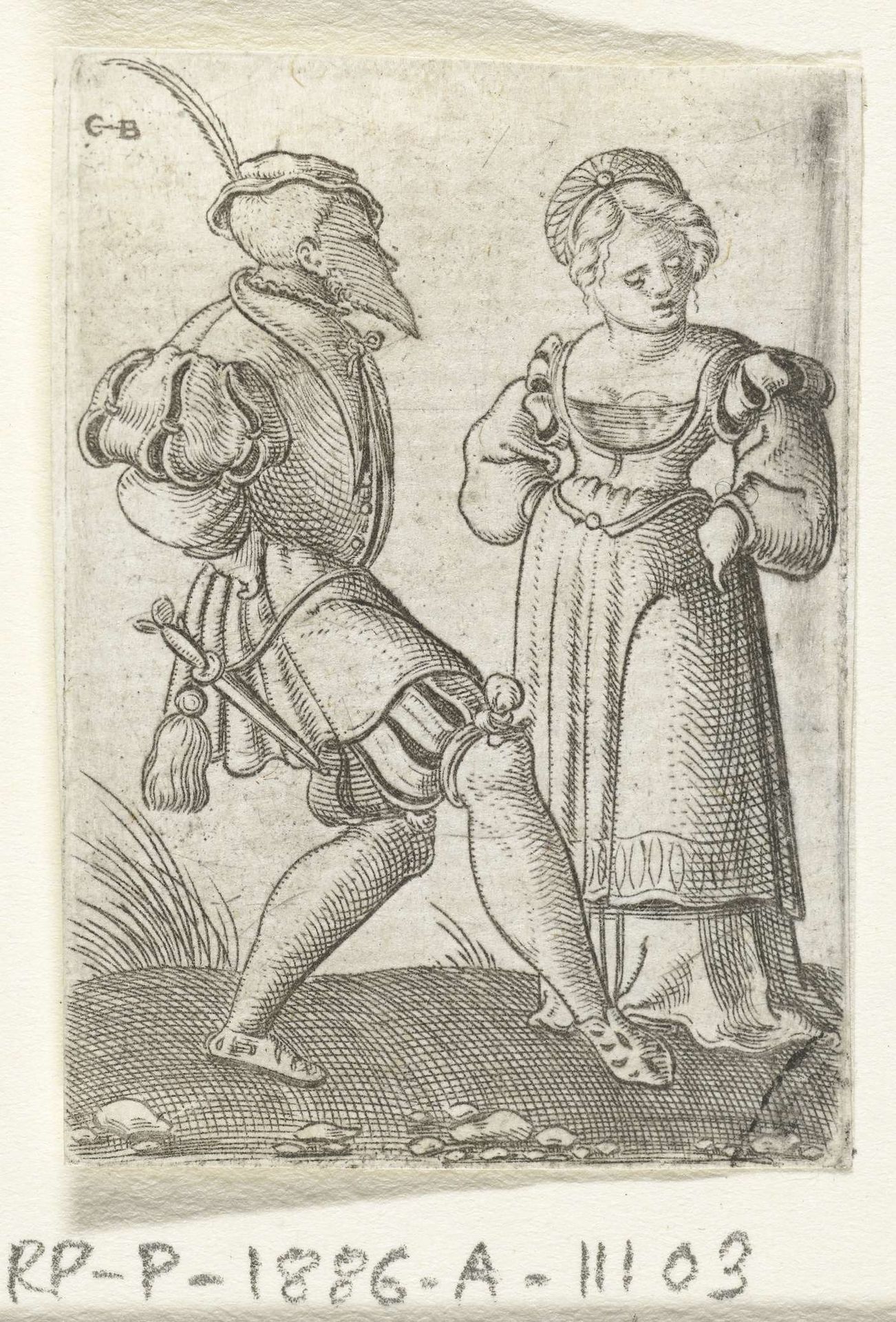 Dansend stel, de man draagt een hoed met een lange veer by Cornelis Bos