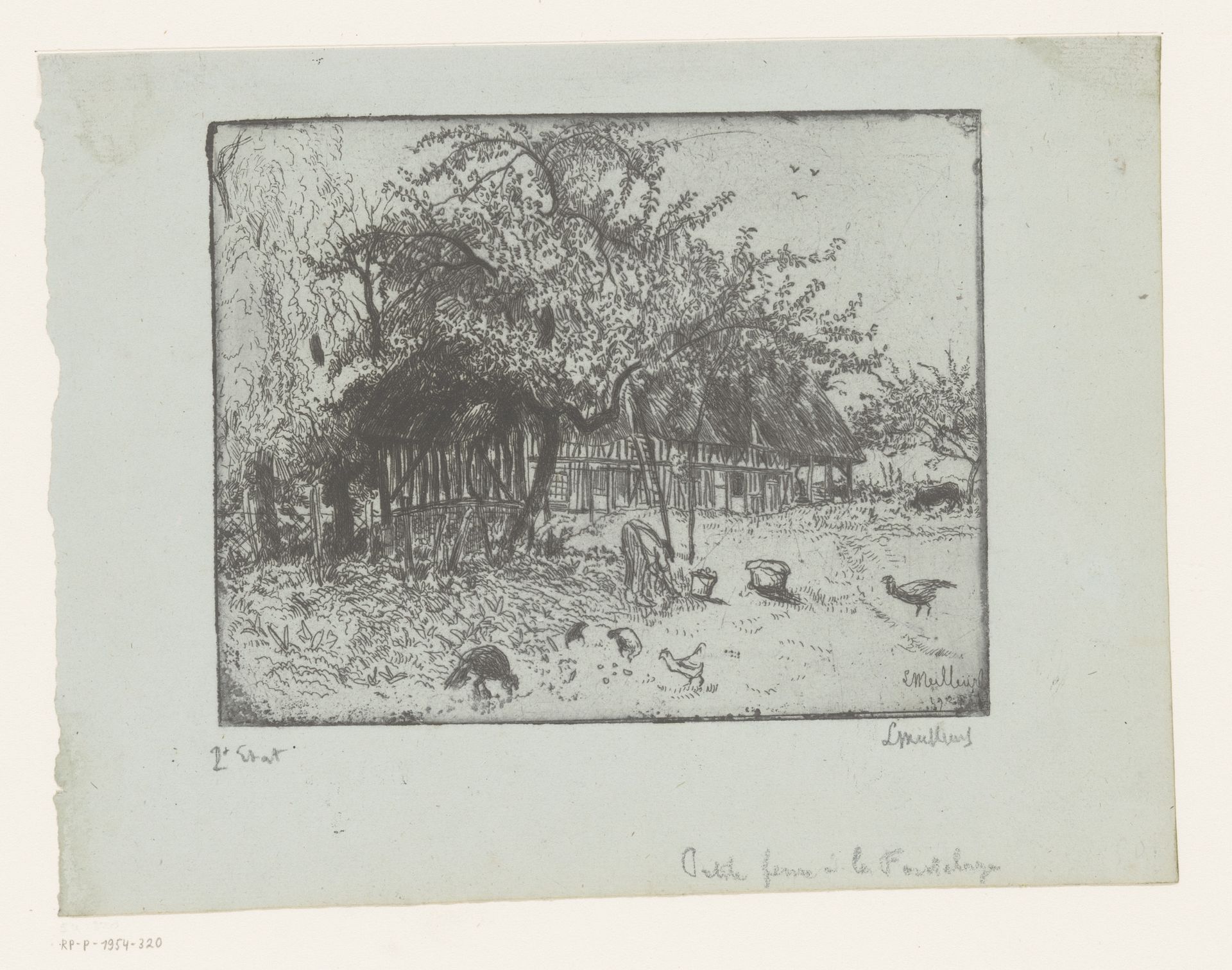 Erf met vogels en gebukte figuur by Georges Lemeilleur