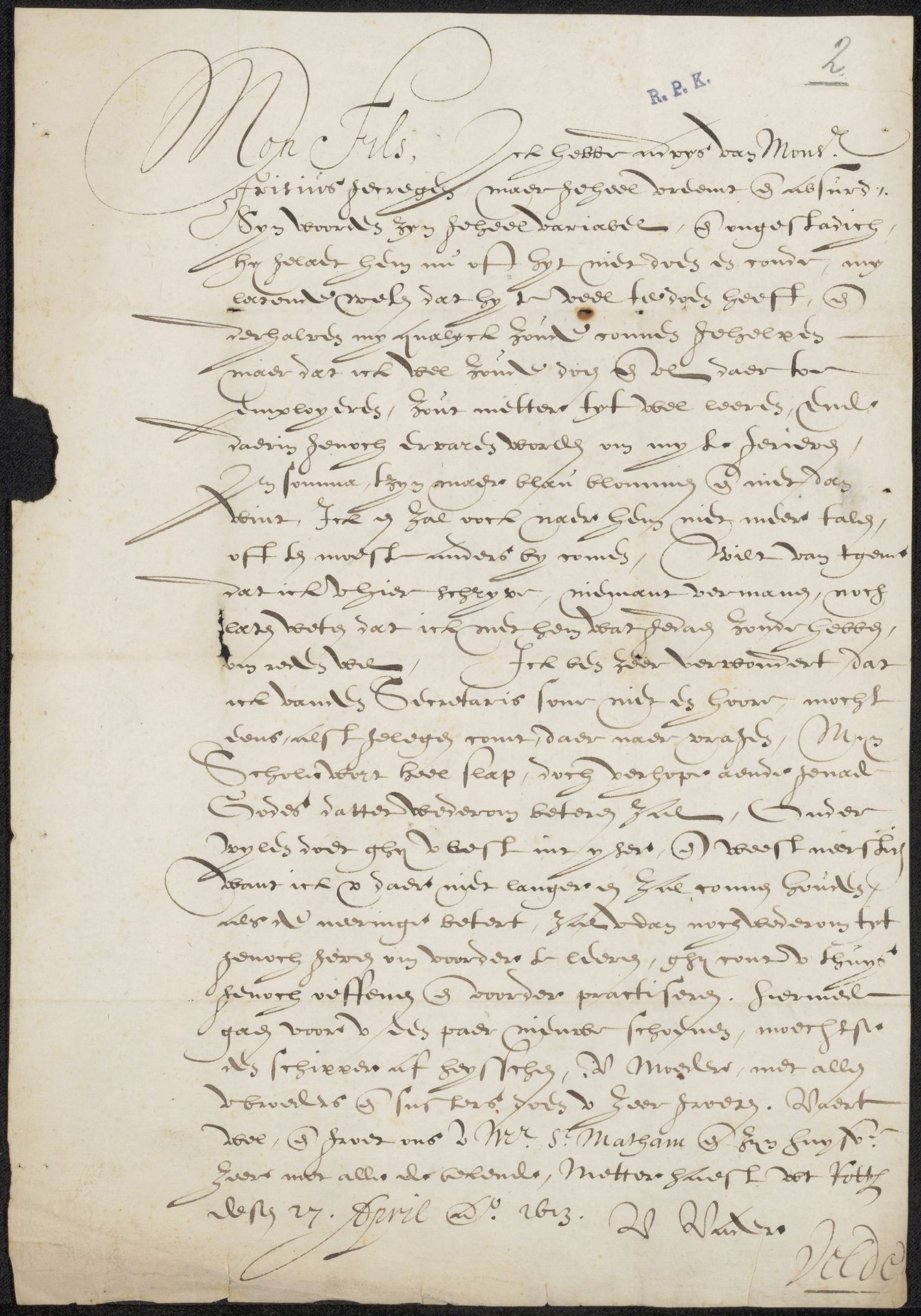 Brief aan Jan van de Velde (II) by Jan van de Velde I