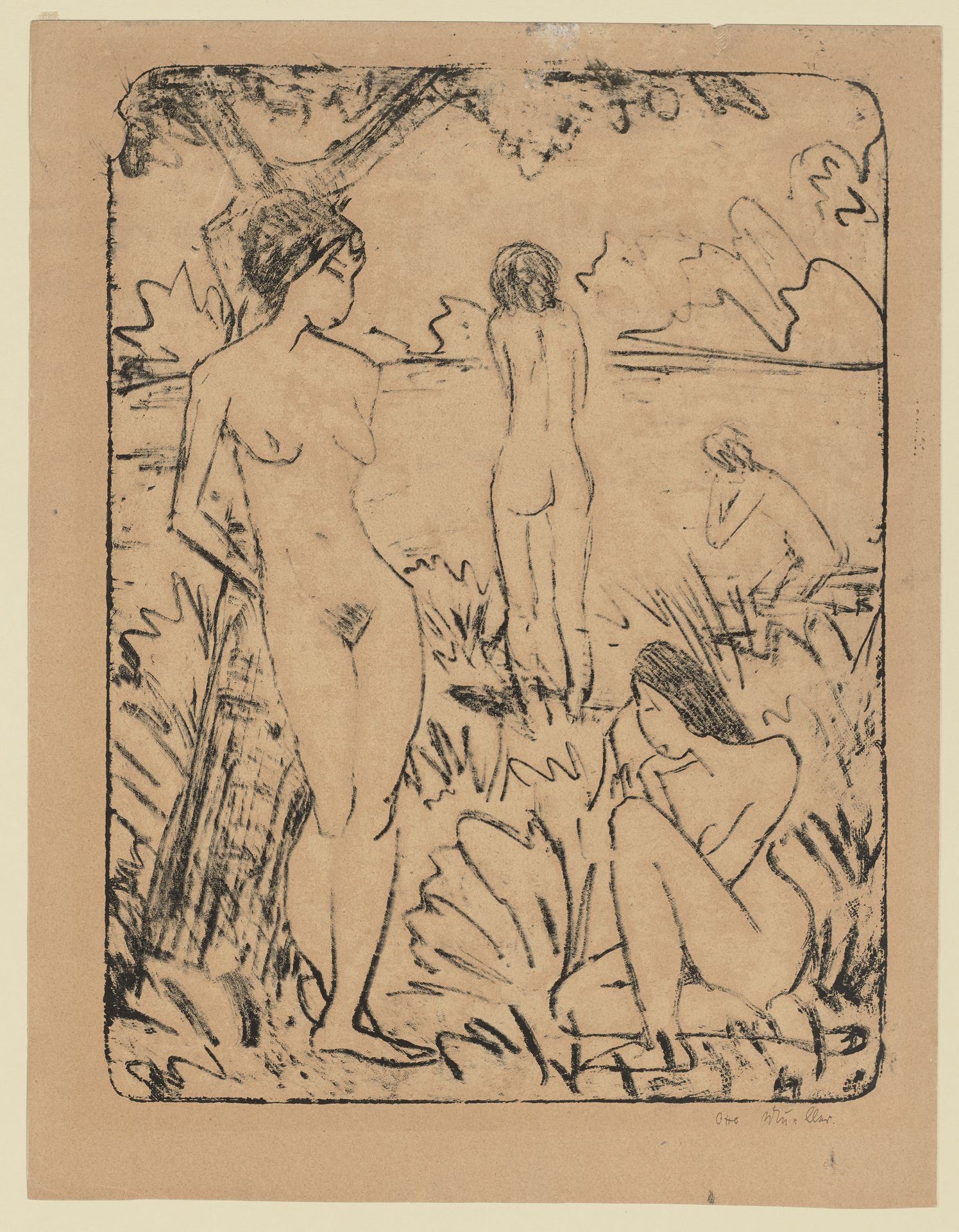 Ein am Baum stehendes, ein sitzendes und zwei badende Mädchen III by Otto Mueller