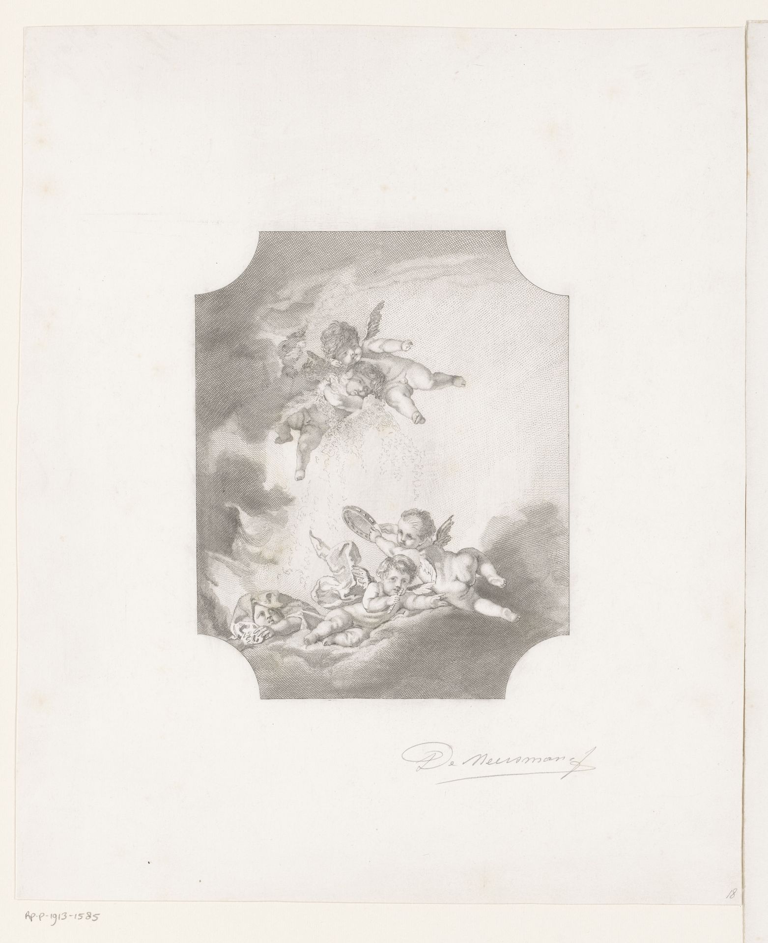 Putti op wolken met muziekinstrumenten en sneeuw by François de Meersman
