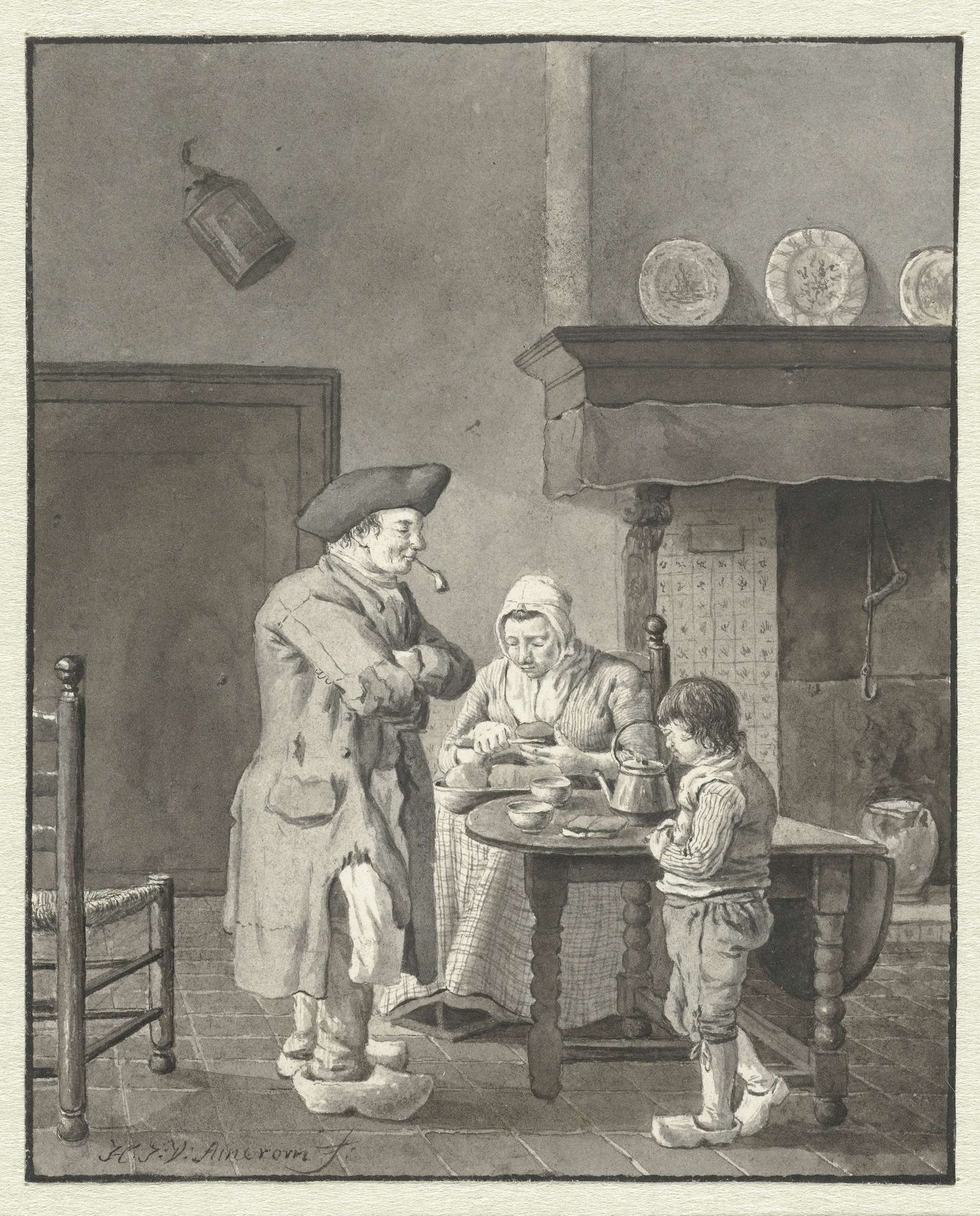 Een moeder snijdt brood voor haar man en zoon by Hendrik Jan van Amerom
