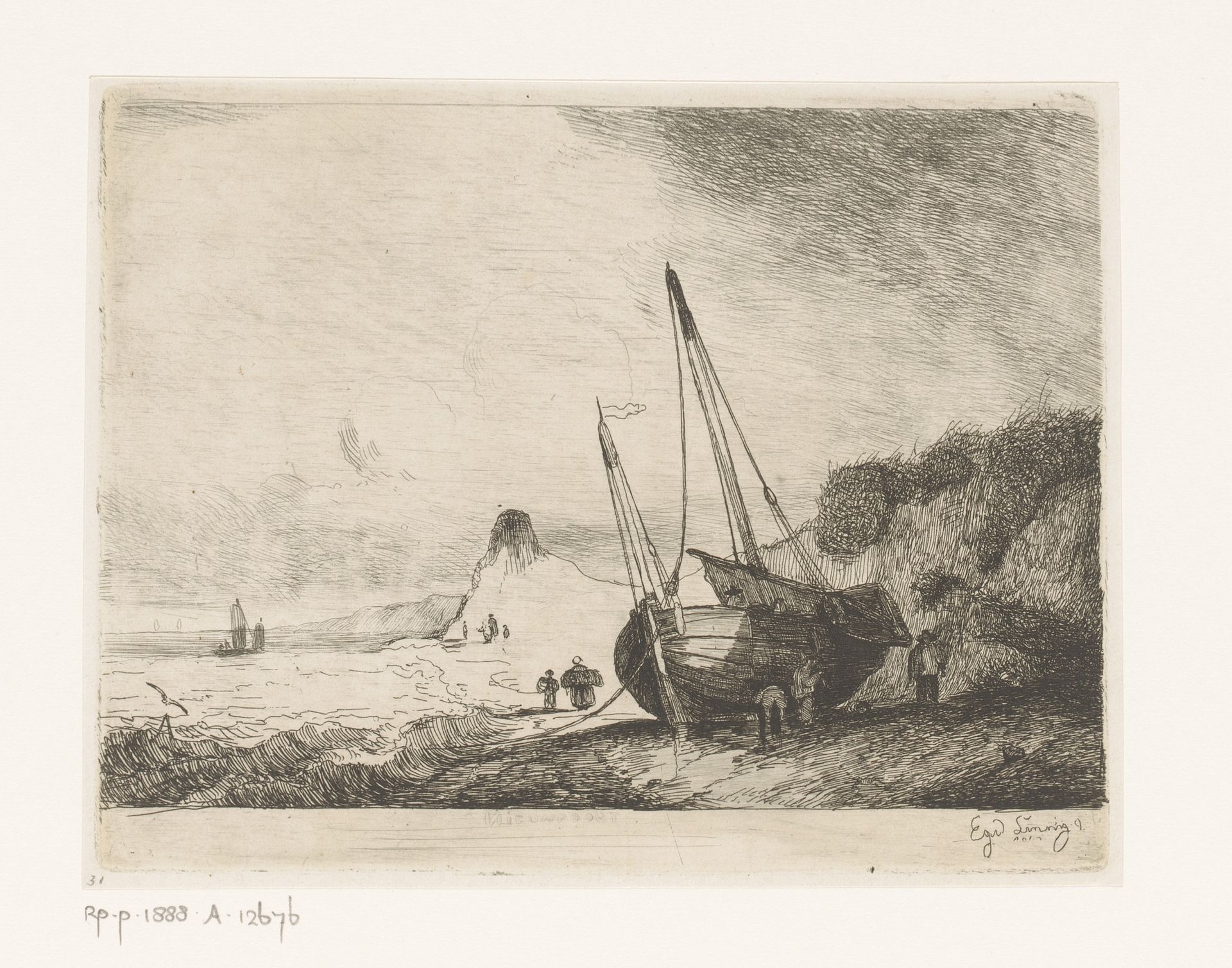 Zeilschip op het strand bij de duinen van Nieuwpoort by Egidius Linnig