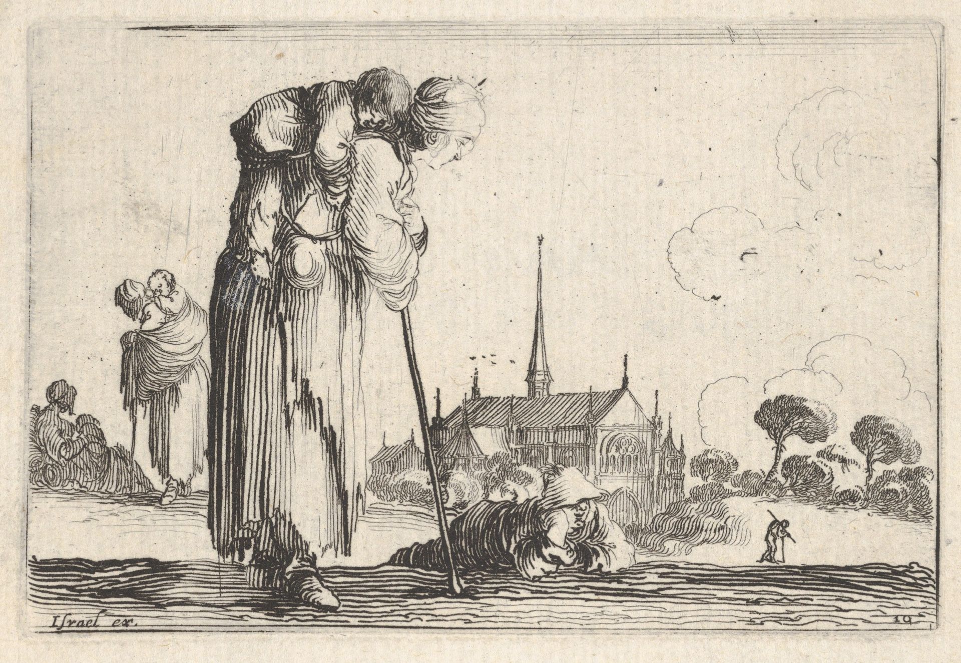 Plate 10: a peasant woman turned towards the right with a child on her back, a boy lying on the ground behind her in center, two women and a child to left in middleground, a church to right in background, from 'Caprice faict par de la Bella' by Stefano della Bella